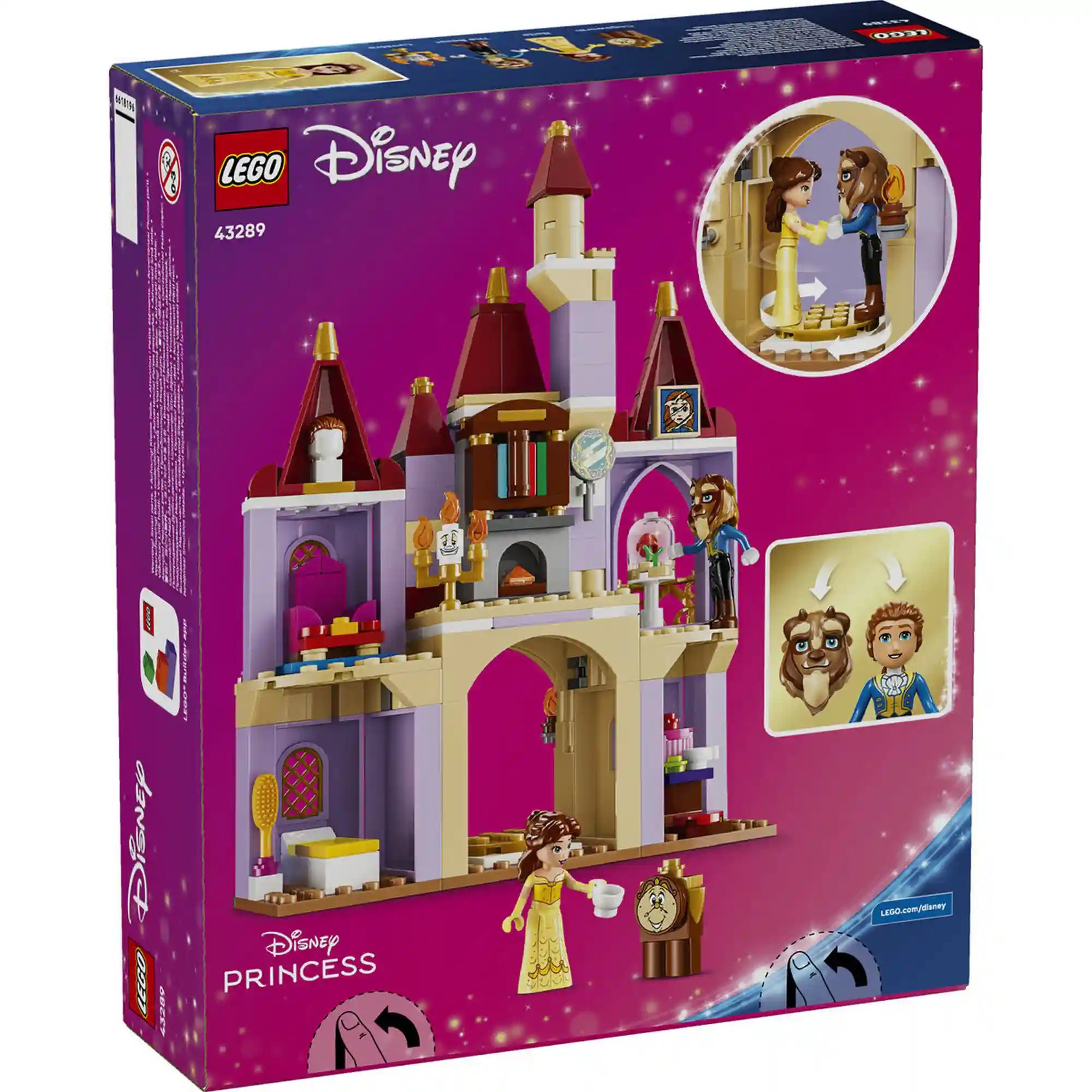 LEGO Disney: Belle és a Szörnyeteg varázslatos kastélya 43289, 254 darabos készlet hátoldali dobozképe, amely bemutatja a kastély belső tereit, a forgó táncjelenetet és az átalakuló Szörnyeteg figurát.