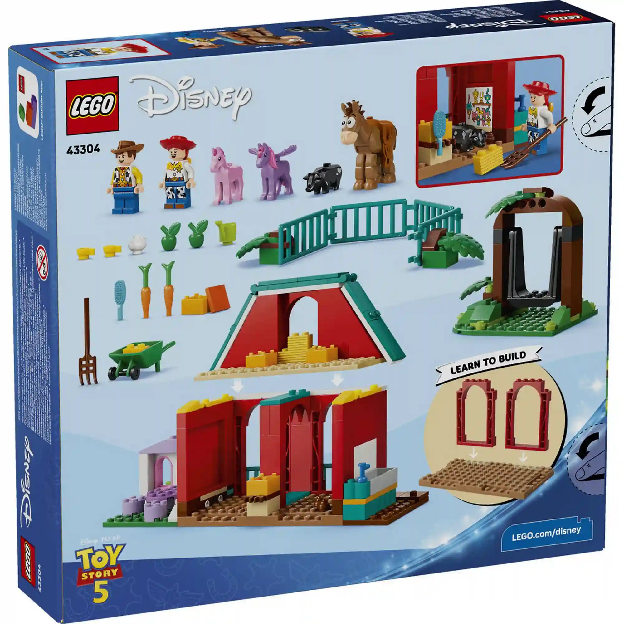 LEGO Disney Toy Story 5 Blaze lovardája (43304) doboz hátoldala, építési lépések és tartalom bemutatása
