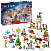 A LEGO Disney 2026-os adventi naptár dobozának eleje, havas Disney-kastéllyal, hercegnőkkel, karácsonyfával es teljes tartalom