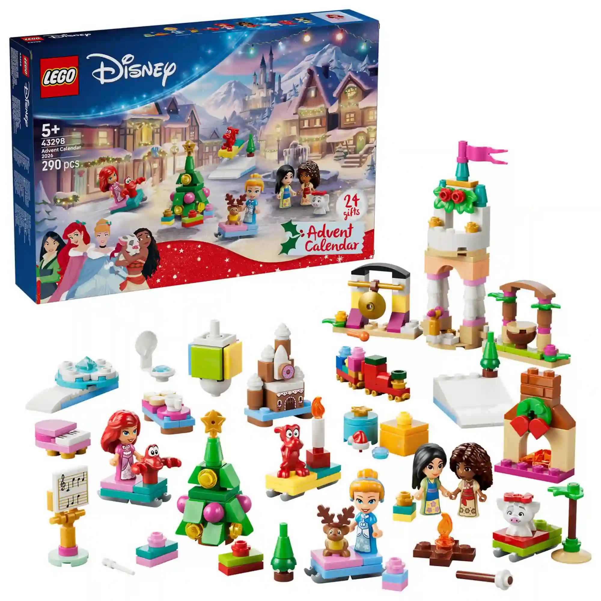 A LEGO Disney 2026-os adventi naptár dobozának eleje, havas Disney-kastéllyal, hercegnőkkel, karácsonyfával es teljes tartalom