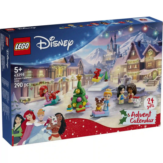 A LEGO Disney 2026-os adventi naptár dobozának eleje, havas Disney-kastéllyal, hercegnőkkel, karácsonyfával és ünnepi jelenettel.