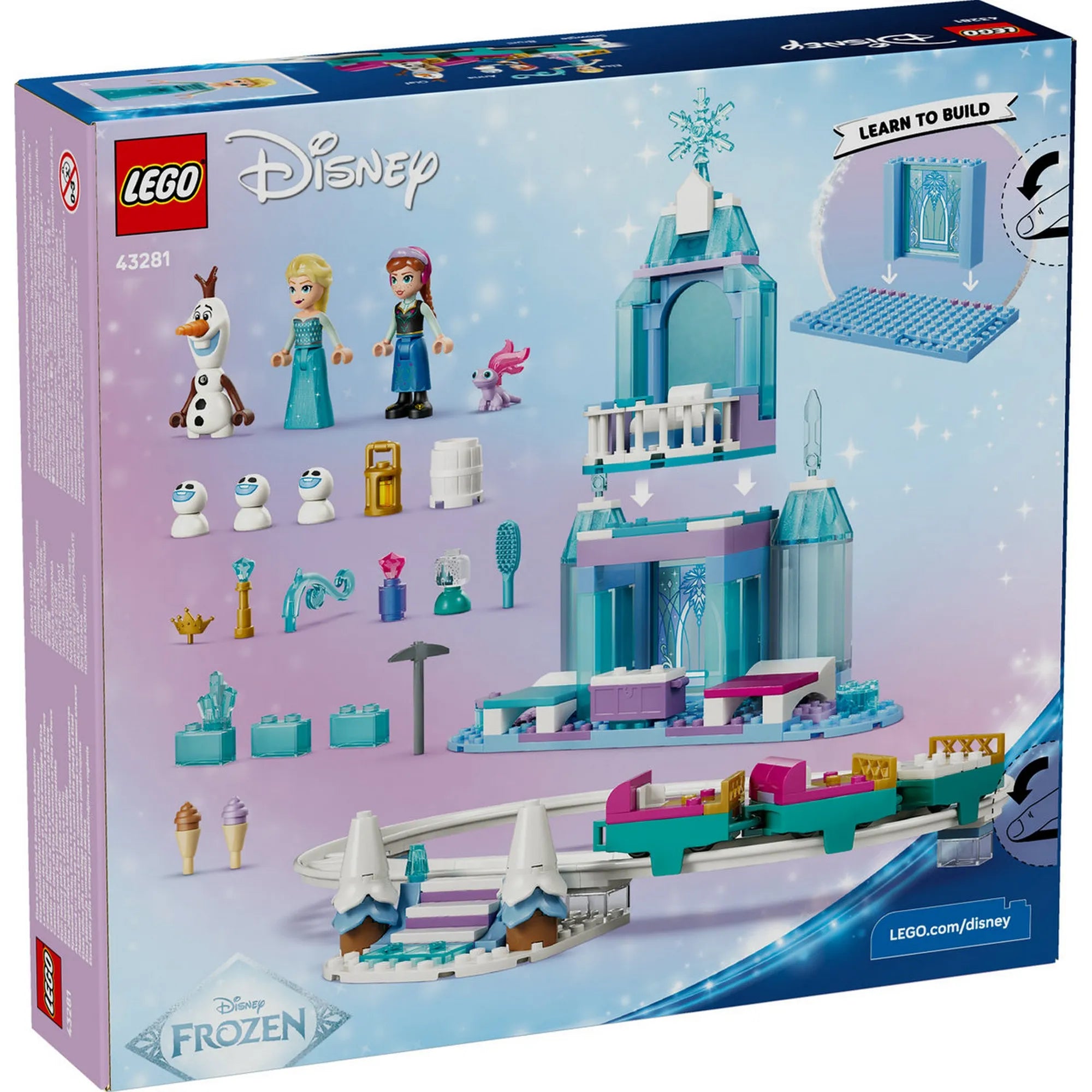 LEGO Disney Jégvarázs Elsa jégkastélya és szánkós kalandjai doboz hátoldala, a készlet elemei, figurák és építési funkciók bemutatásával