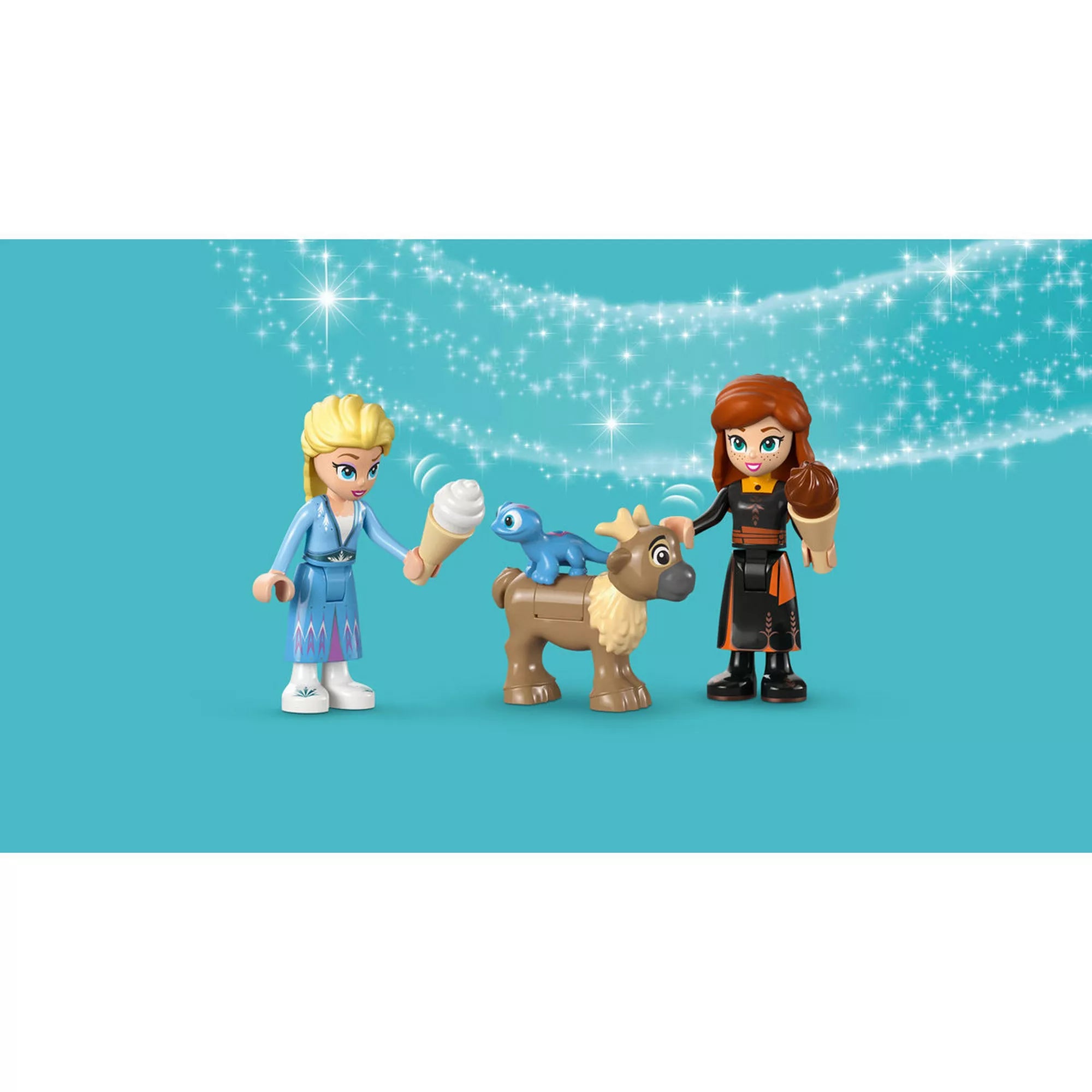 LEGO Disney Elza és Anna minifigurák Bruni és a kis rénszarvas társaságában, varázslatos háttérrel.