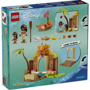 LEGO Disney: Falusi ház és tutaj 43282, 85 darabos készlet hátoldali dobozképe, amely bemutatja a figurákat, kiegészítőket és az építési lépéseket.