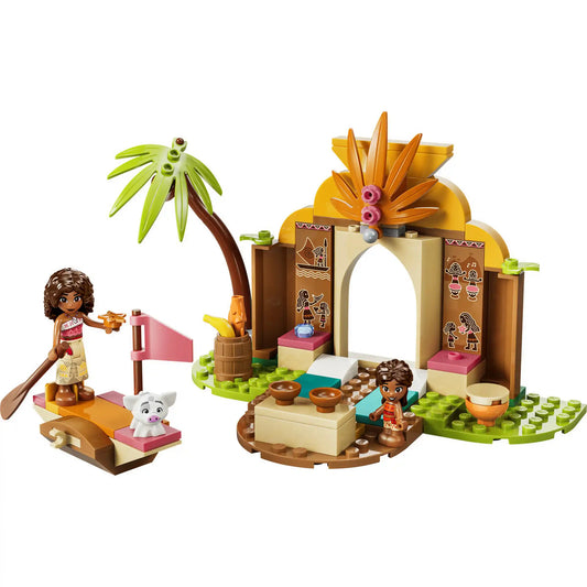 LEGO Disney: Falusi ház és tutaj 43282, 85 darabos készlet teljes tartalma Moana és Simea figurákkal, tutajjal, falusi kapuval és kiegészítőkkel.