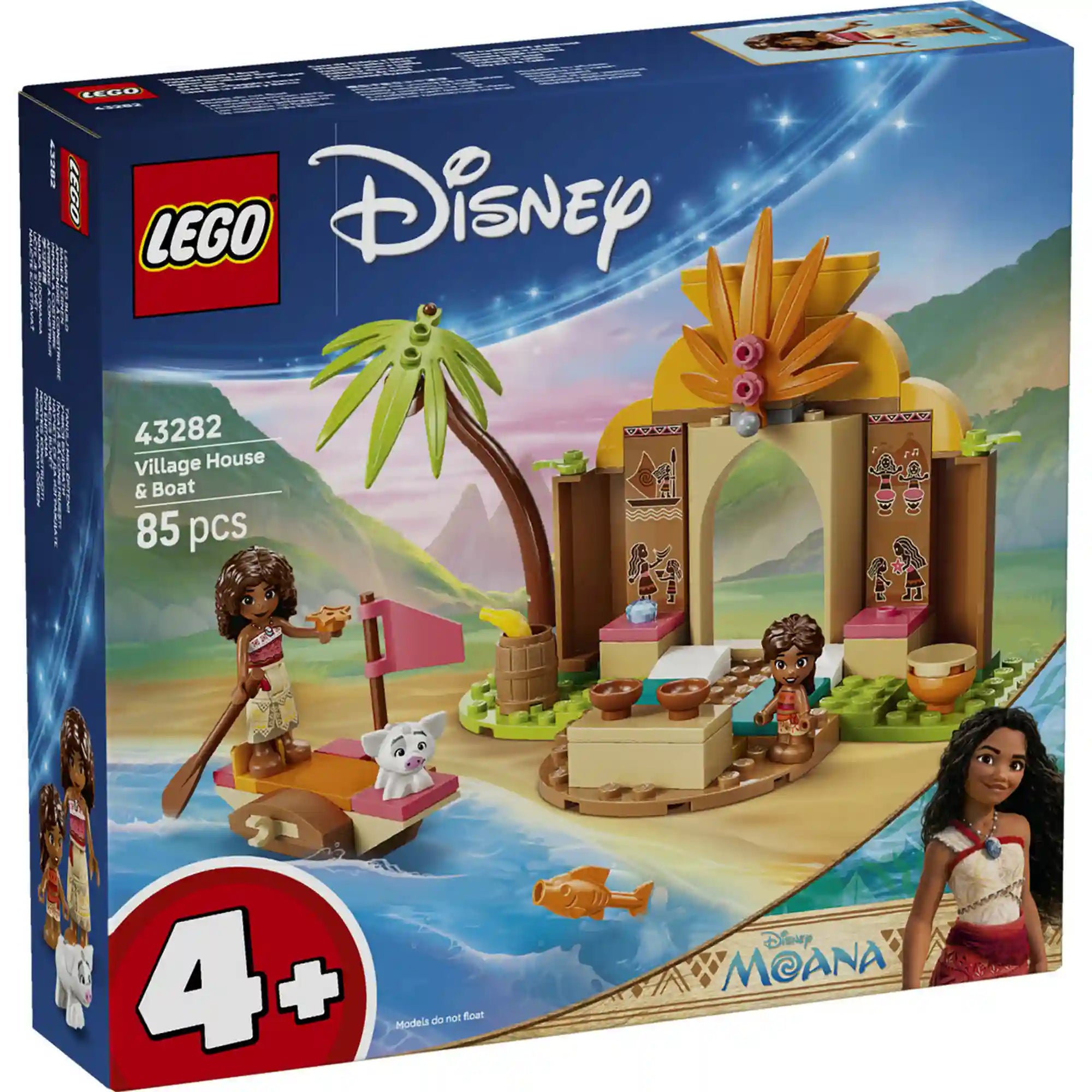 LEGO Disney: Falusi ház és tutaj 43282, 85 darabos készlet dobozképe a Disney Vaiana világából, falusi házzal, tutajjal és két minibaba figurával.