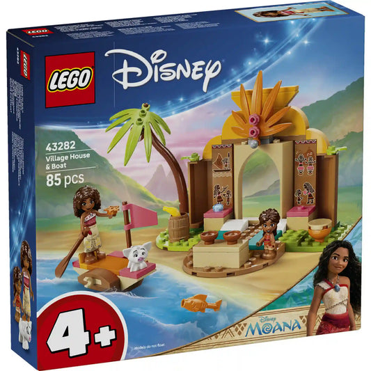 LEGO Disney: Falusi ház és tutaj 43282, 85 darabos készlet dobozképe a Disney Vaiana világából, falusi házzal, tutajjal és két minibaba figurával.