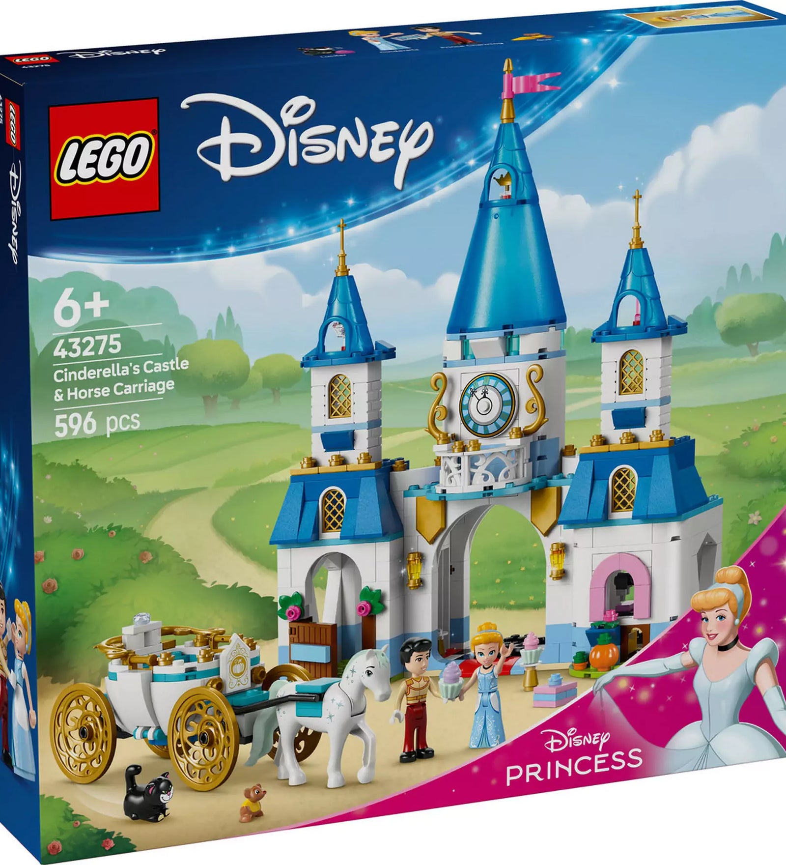  LEGO Disney Hamupipőke kastélya és hintója 43275 készlet doboza, amely bemutatja a lenyűgöző kétemeletes kastélyt és hintót.