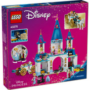  LEGO Disney Hamupipőke kastélya és hintója 43275 készlet hátoldala, részletes képekkel a játékelemekről és funkciókról.