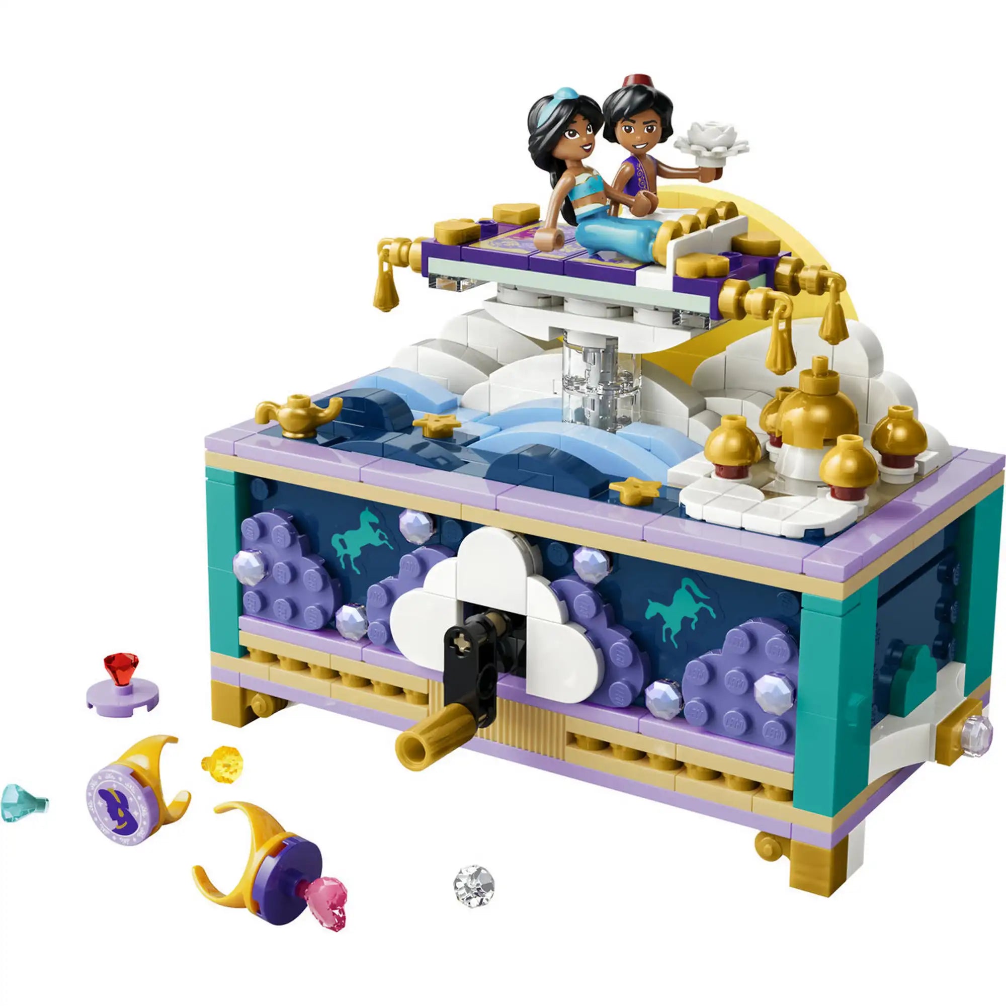 LEGO Disney: Jázmin ékszerdoboza 43295, 458 darabos készlet teljes modellje Jázmin és Aladdin figuráival, gyűrűtartó funkcióval és színes drágakő kiegészítőkkel.