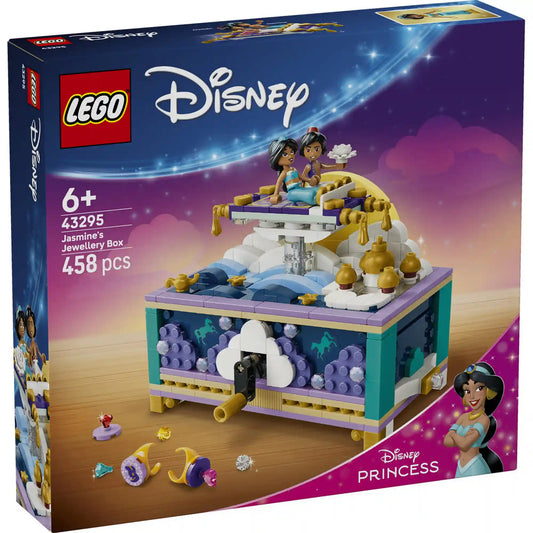 LEGO Disney: Jázmin ékszerdoboza 43295, 458 darabos készlet elülső dobozképe, amely az Aladdin meséje ihlette ékszerdobozt és a Disney Princess karaktereket ábrázolja.