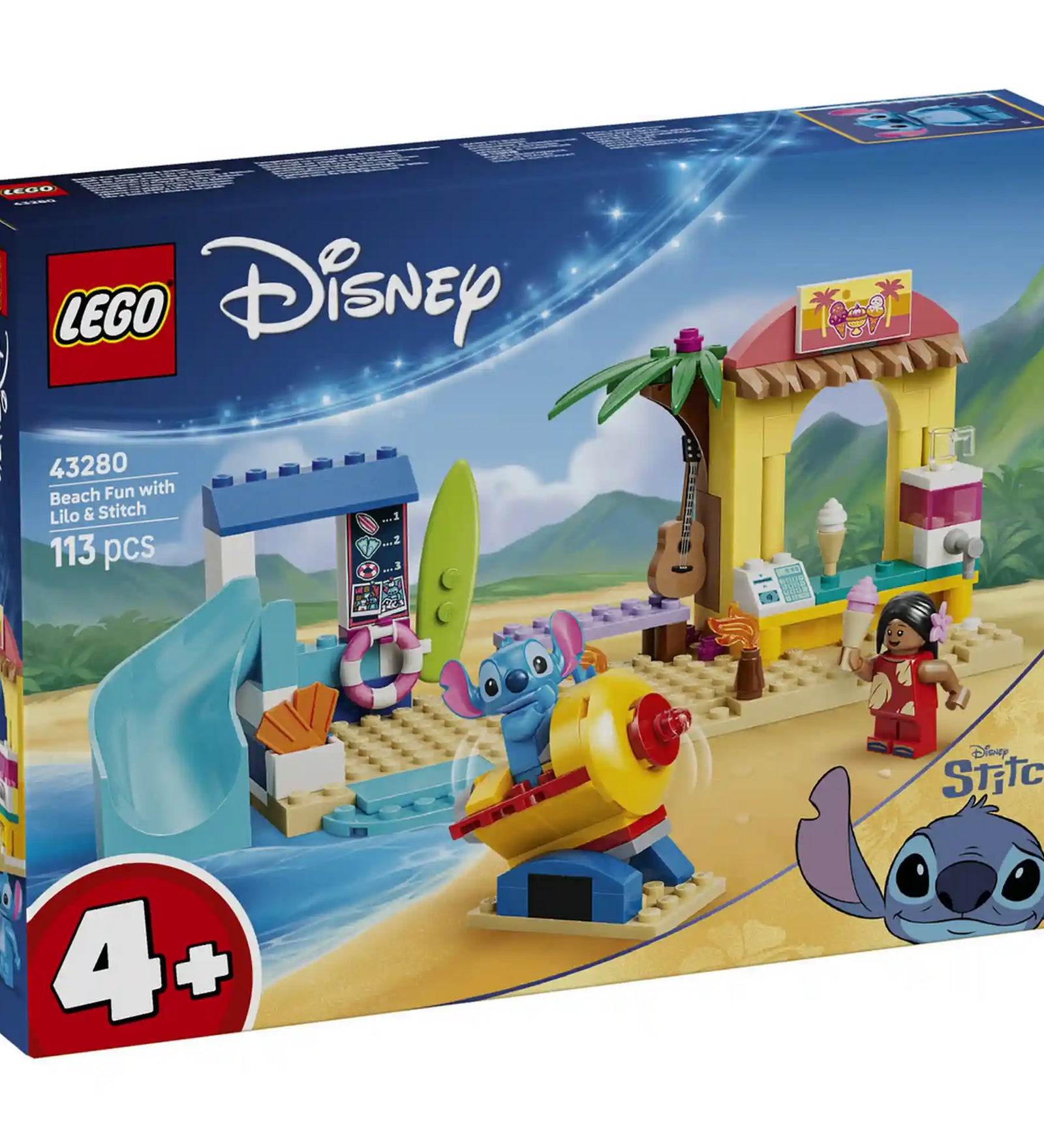LEGO Disney Lilo és Stitch tengerparti kalandja 43280, 113 darabos készlet dobozképe, Stitch, Lilo, strandbüfé, csúszda és vízi játékok jelenetével.