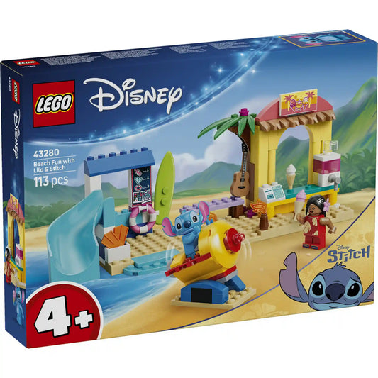 LEGO Disney Lilo és Stitch tengerparti kalandja 43280, 113 darabos készlet dobozképe, Stitch, Lilo, strandbüfé, csúszda és vízi játékok jelenetével.