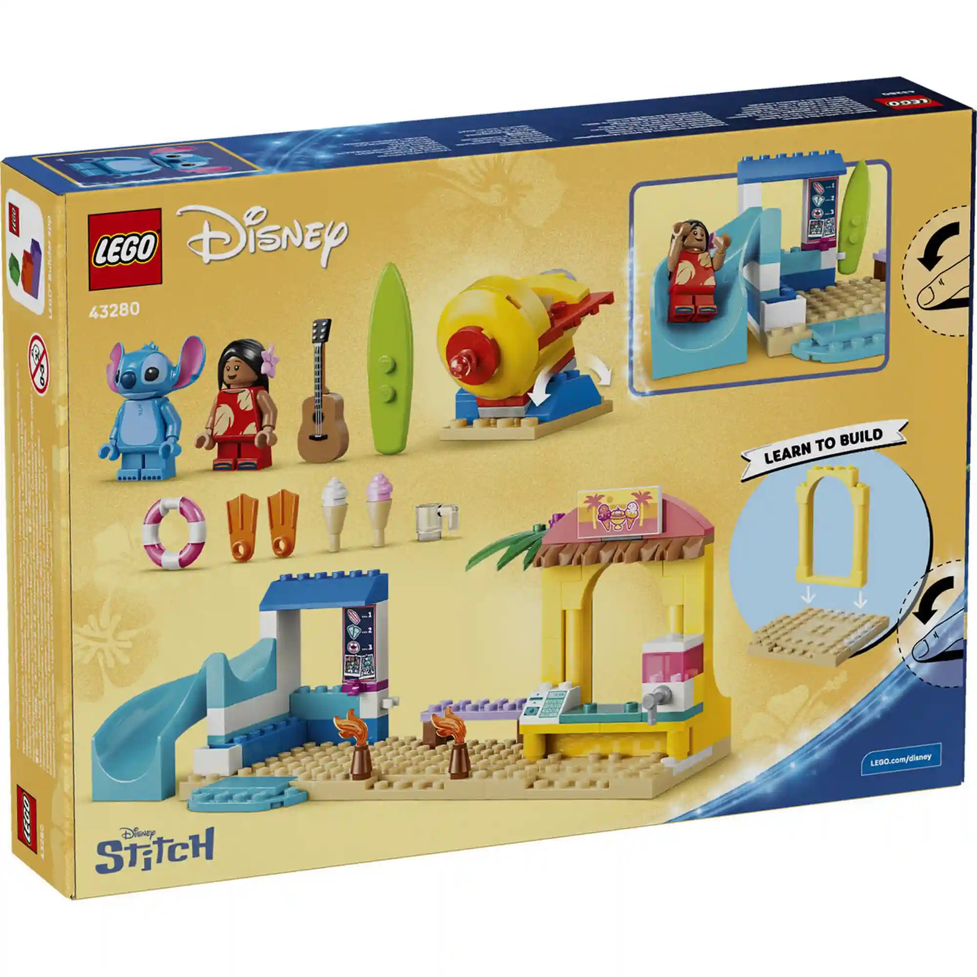 LEGO Disney Lilo és Stitch tengerparti kalandja 43280, 113 darabos készlet hátoldali dobozképe, amely bemutatja a figurákat, kiegészítőket és a játéklehetőségeket.
