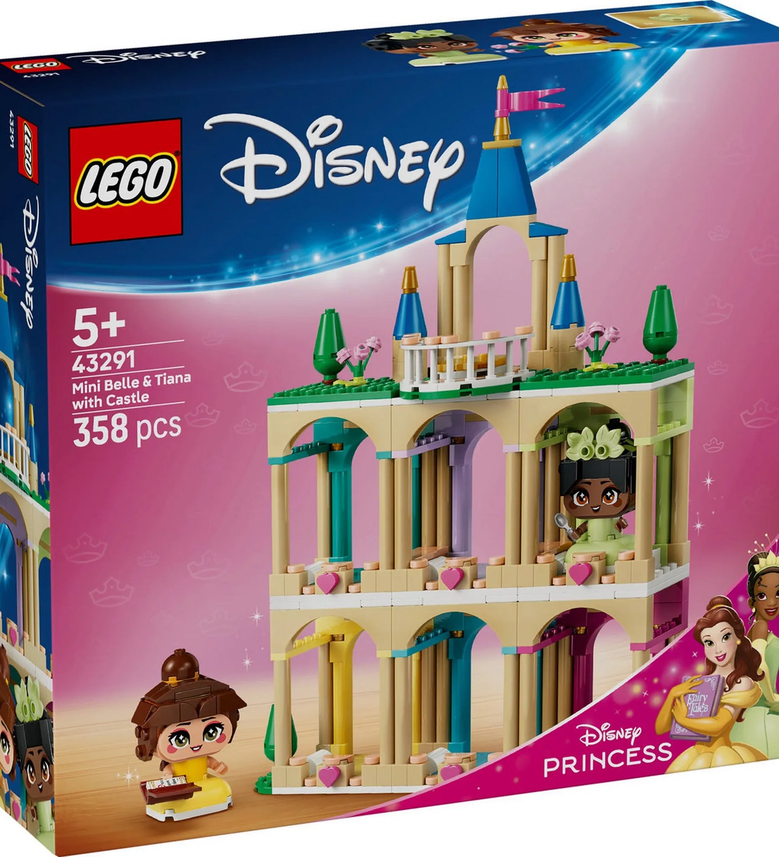 LEGO Disney Mini Belle & Tiana kastéllyal (43291) – a készlet dobozának elölnézeti képe a kastéllyal és figurákkal.