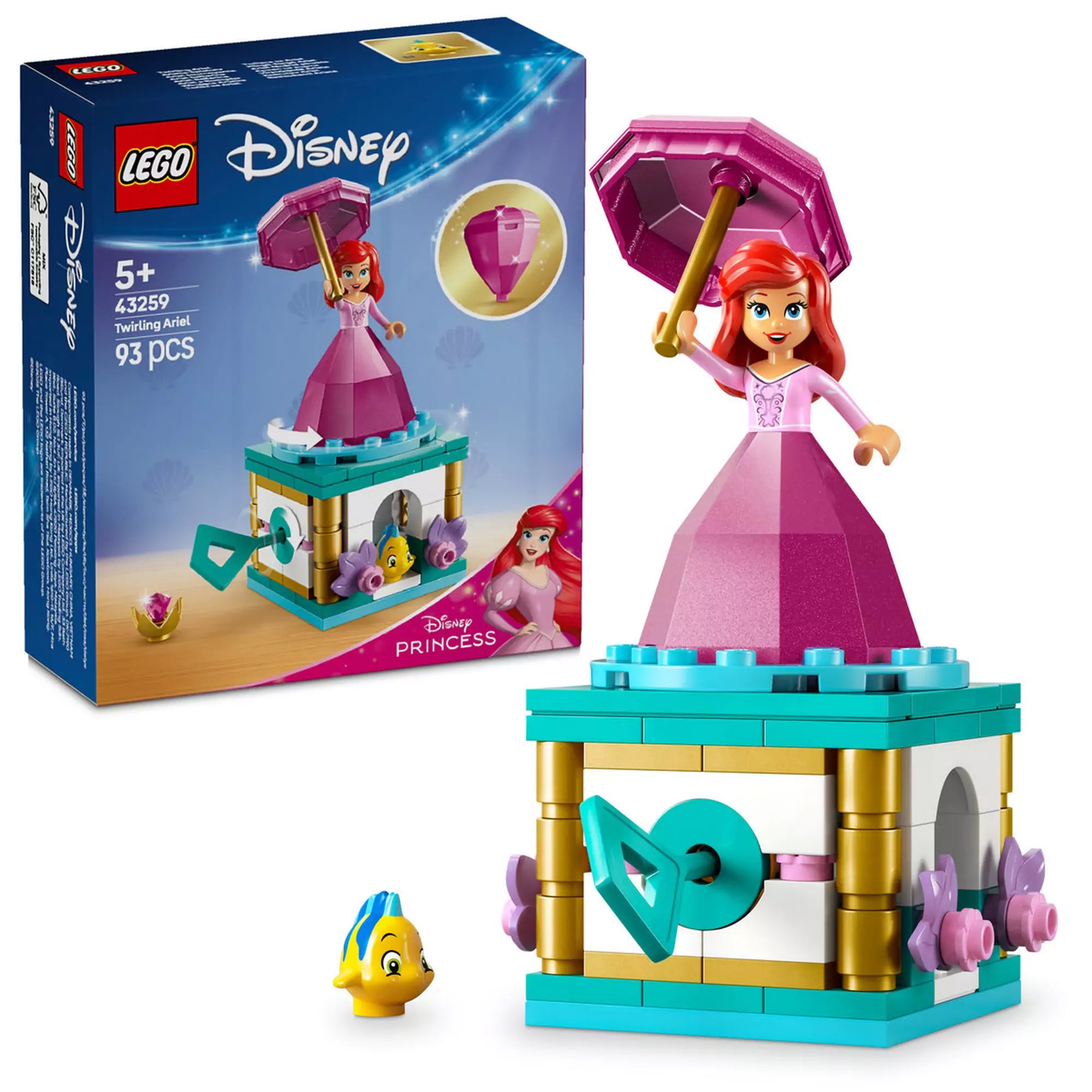 LEGO Disney Pörgő-forgó Ariel (43259) termék teljes tartalma, Ariel és Flounder figurákkal, állvánnyal és kiegészítőkkel.