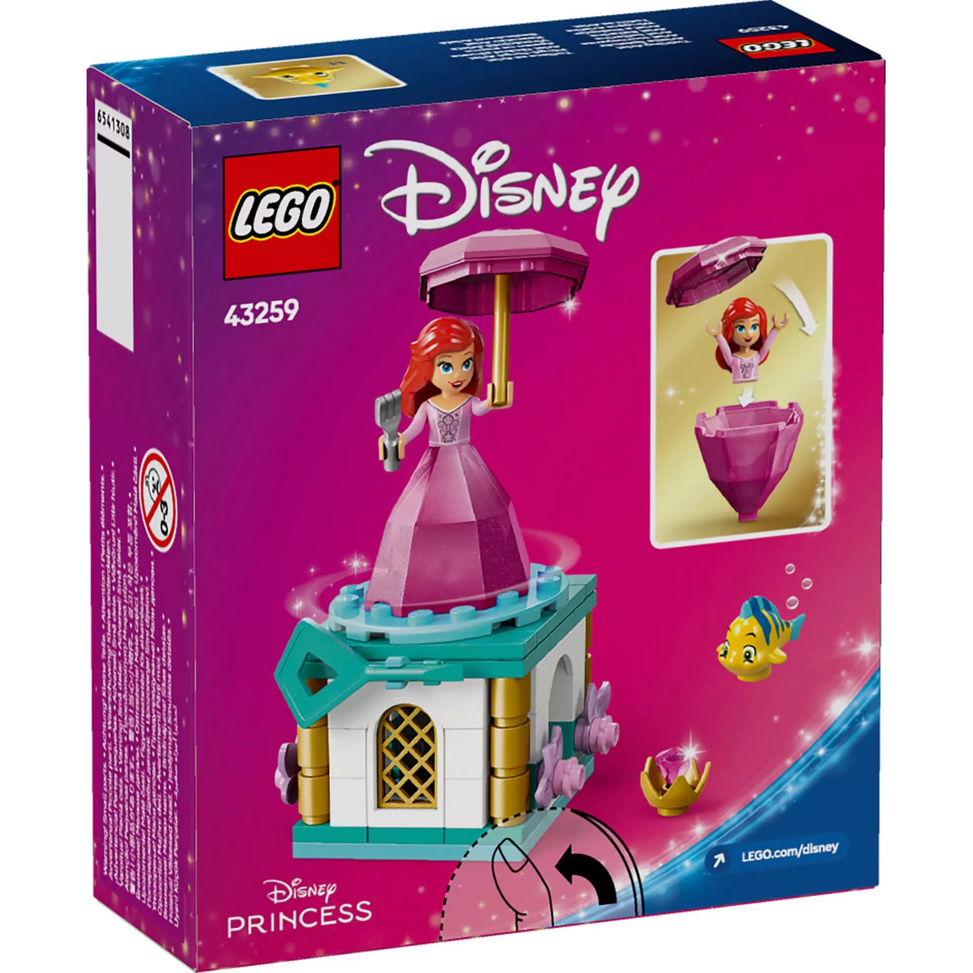 LEGO Disney Pörgő-forgó Ariel (43259) hátoldali nézet, Ariel „gyémánt” ruhája és forgó állványa látható.