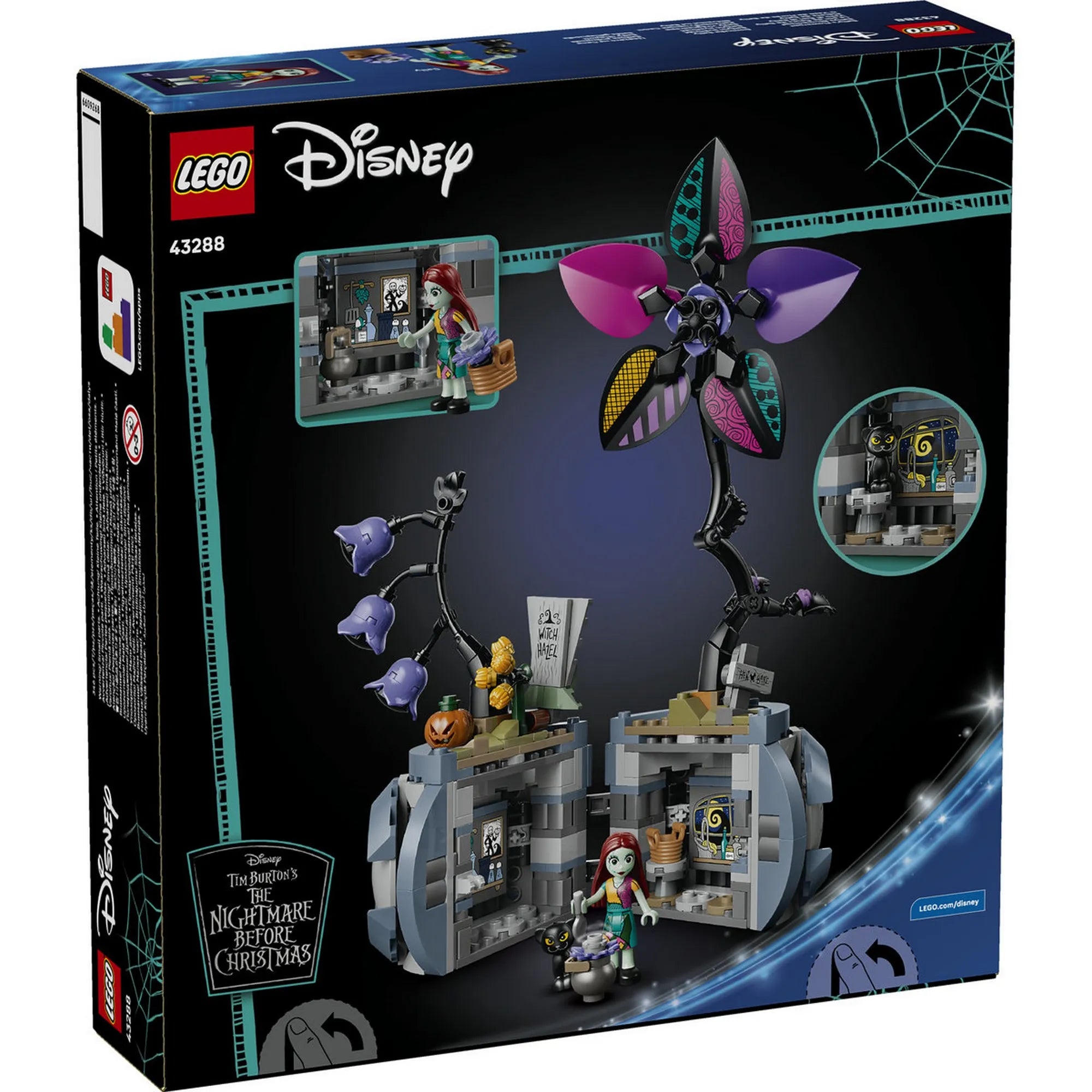 LEGO Disney Sally virágcserepe (43288) készlet hátoldali dobozképe, amely bemutatja a kinyitható virágcserepet, a rejtett belső szobát, Sally minifigurát és a dekoratív virágmodellt.