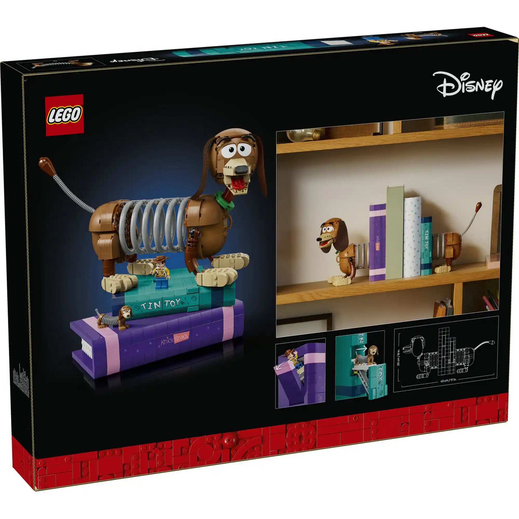 LEGO Disney: Toy Story: Slinky kutya könyvtámasz 43301, 1311 darabos – doboz hátoldala a készlet funkcióival és használatával.