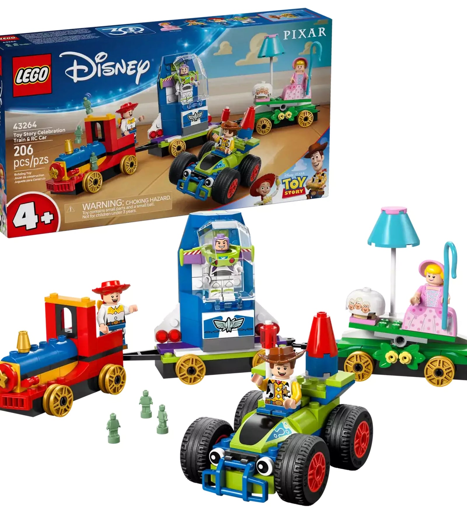 LEGO Disney: Toy Story ünnepi vonat és RC versenyautó 43264 – kreatív játékjelenet a dobozzal és a figurákkal összeállítva.