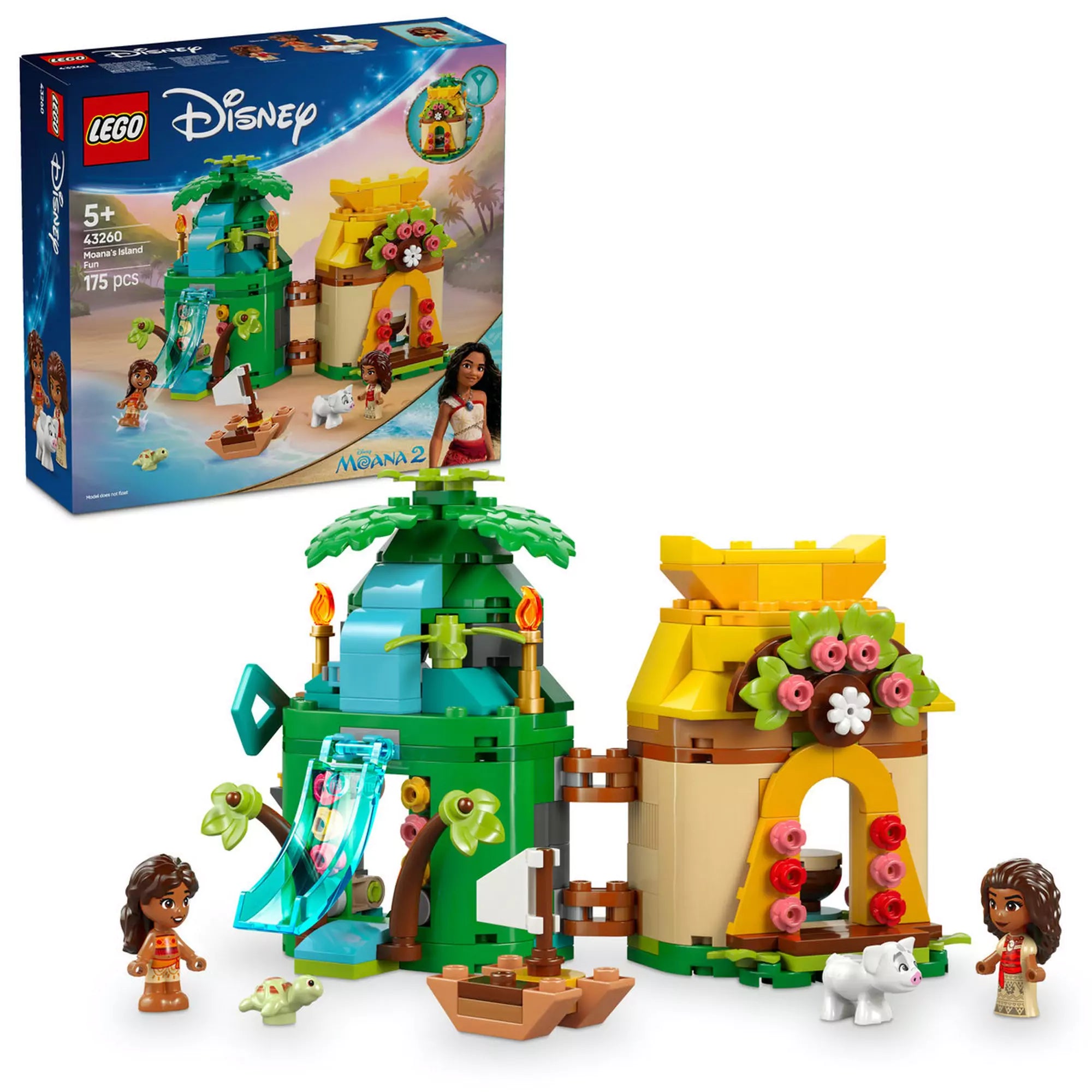 EGO Disney Vaiana vidám kalandjai a szigeten (43260) teljes szett képe, amelyen a sziget és a karakterek játék közben láthatók.