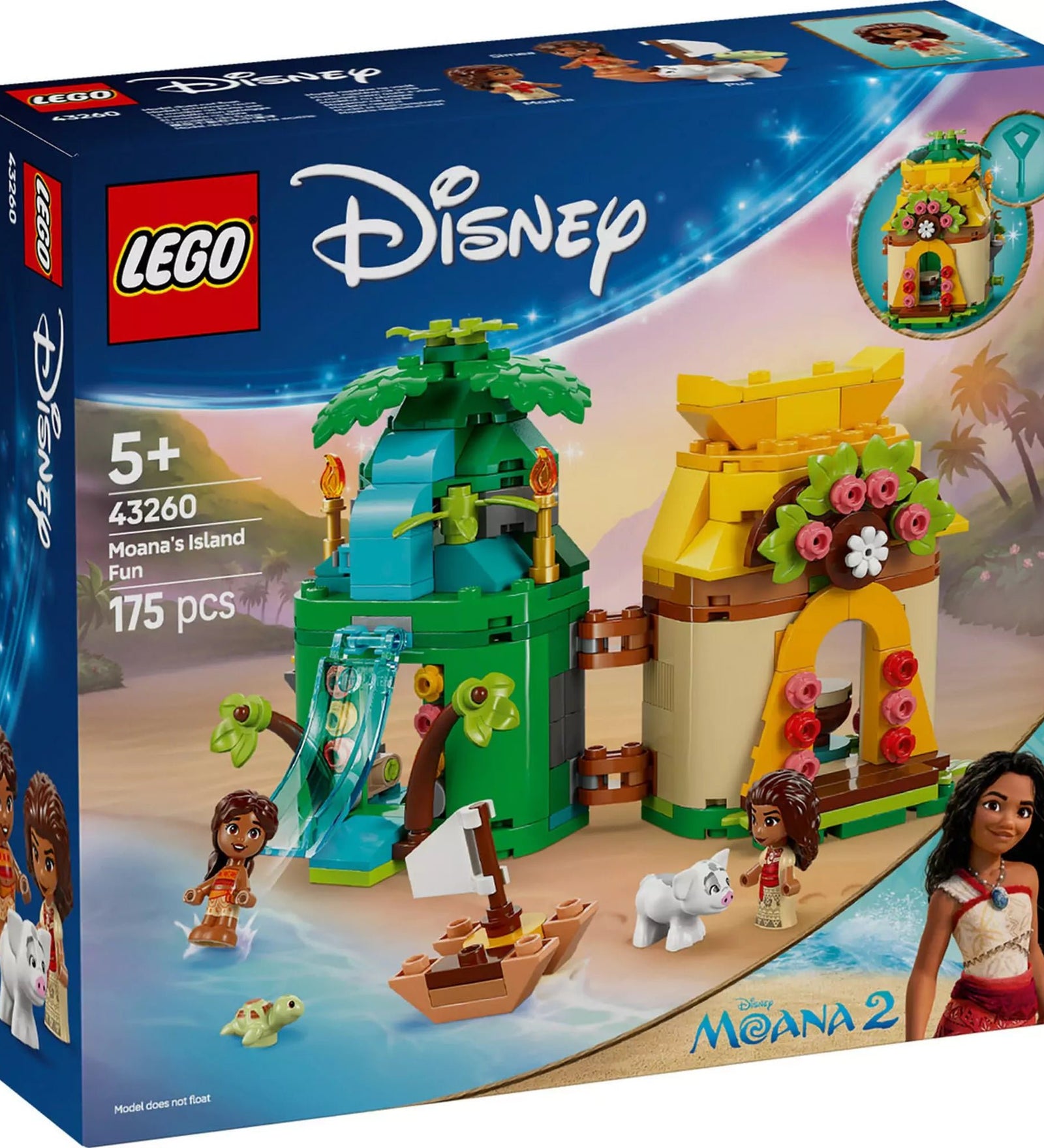 LEGO Disney Vaiana vidám kalandjai a szigeten (43260) dobozkép, a színes szigeti modell és a szereplők, Vaiana és Pua láthatók.