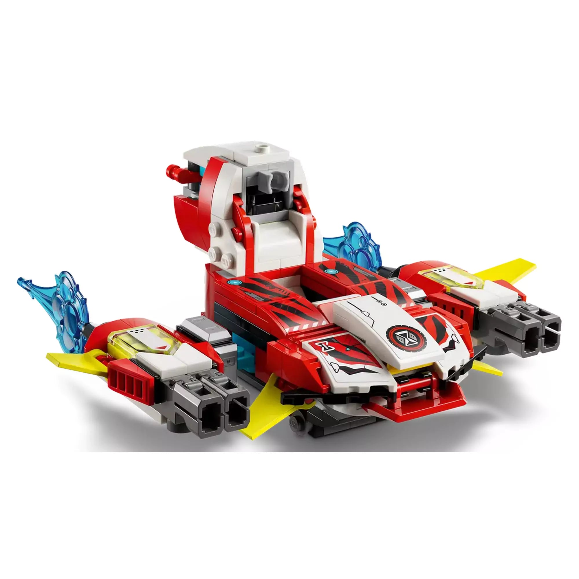 Közelkép a LEGO Dreamzzz Cooper tigrisrobotja és Zero hot rod autója (71497) piros repülőgépéről, mely könnyen átalakítható.

