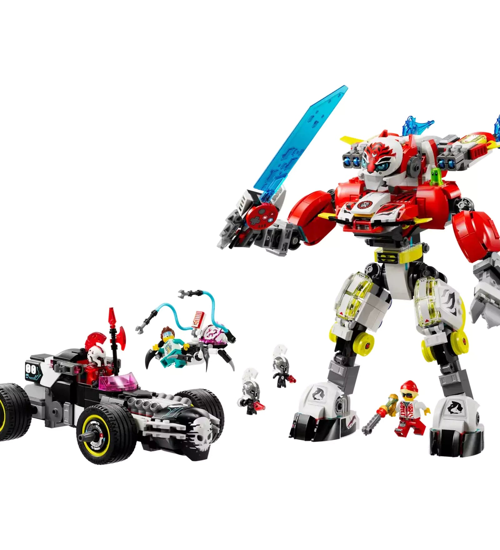 LEGO Dreamzzz Cooper tigrisrobotja és Zero hot rod autója (71497) összeszerelt modelljei: tigrisrobot, hot rod autó, és kiegészítők.