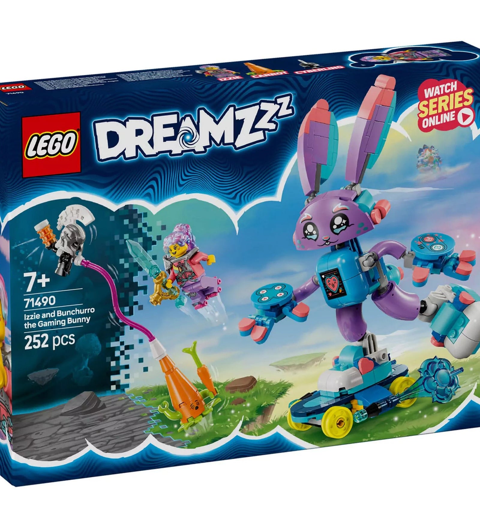 LEGO DREAMZzz Izzie és Bunchurro, a gaming nyuszi - A szett doboza, színes illusztrációval és izgalmas elemekkel.