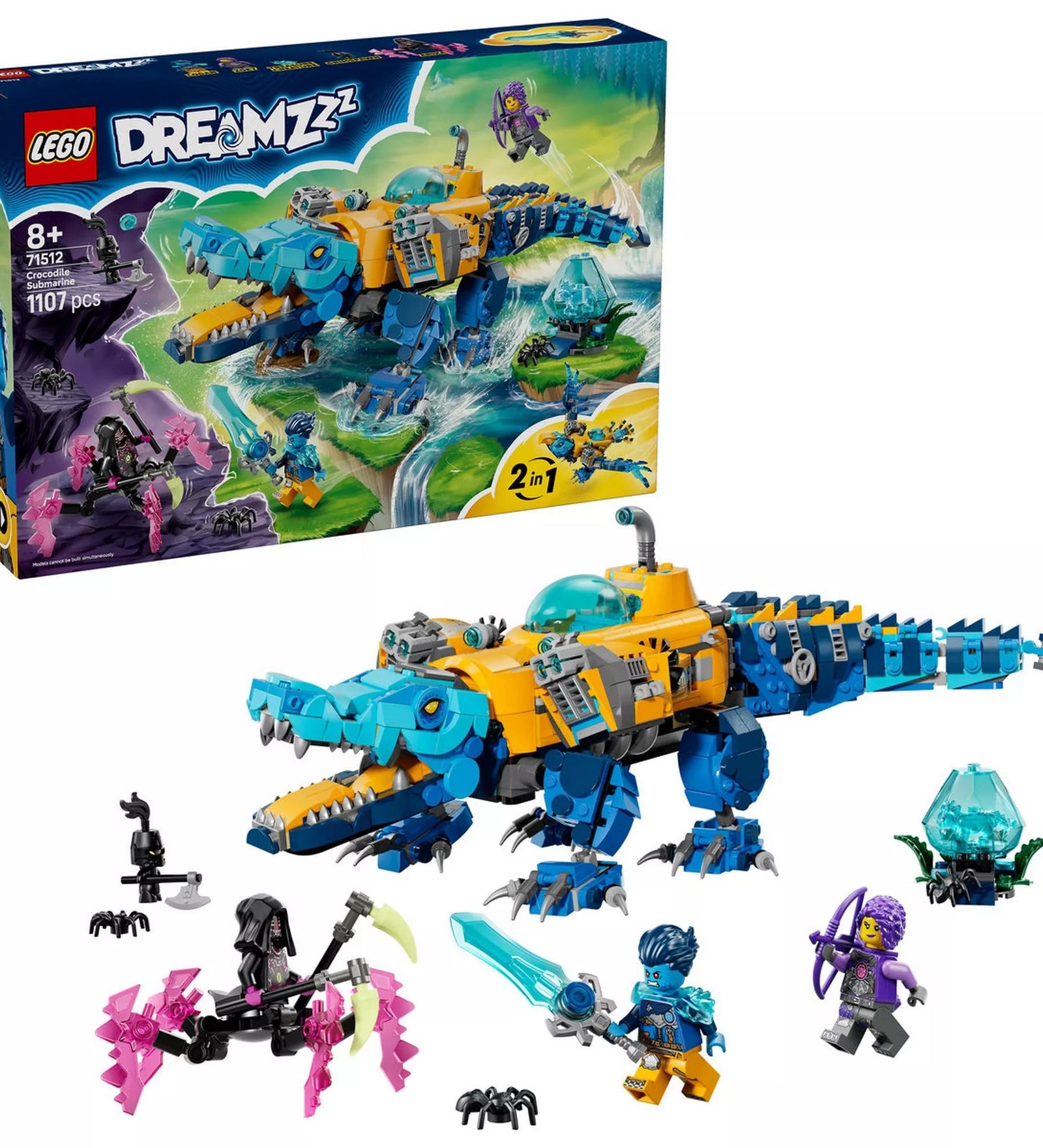 LEGO DREAMZzz 71512 Crocodile Submarine készlet doboza és teljes tartalma, tengeralattjáró, minifigurák és kiegészítők fehér háttéren