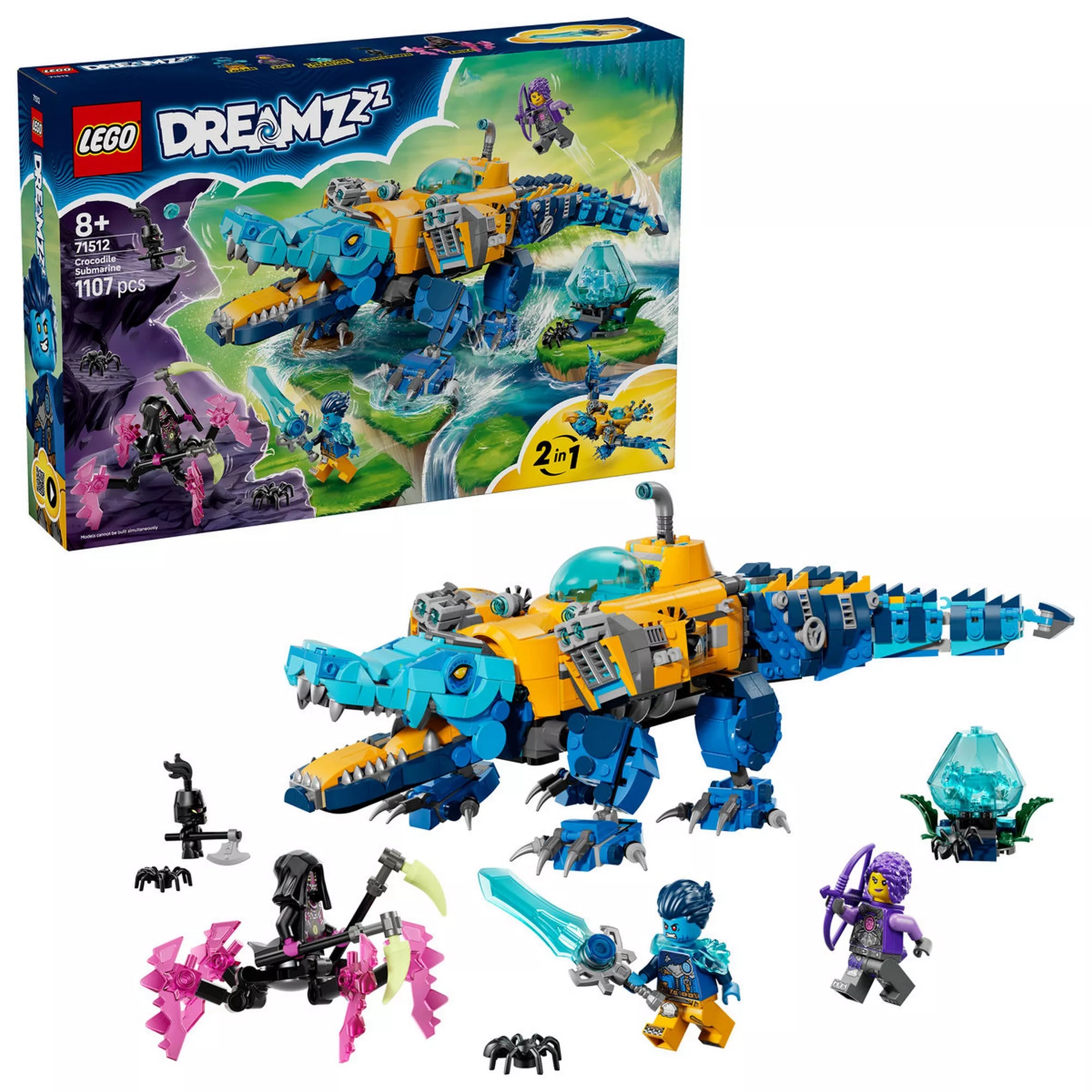 LEGO DREAMZzz 71512 Crocodile Submarine készlet doboza és teljes tartalma, tengeralattjáró, minifigurák és kiegészítők fehér háttéren