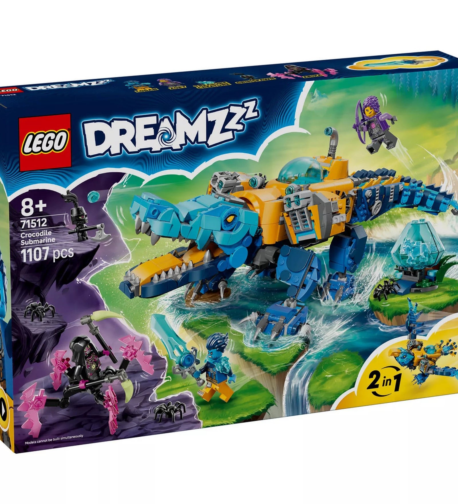 LEGO DREAMZzz 71512 Crocodile Submarine készlet dobozképe, krokodil formájú tengeralattjáróval, minifigurákkal és 2 az 1-ben építési lehetőséggel