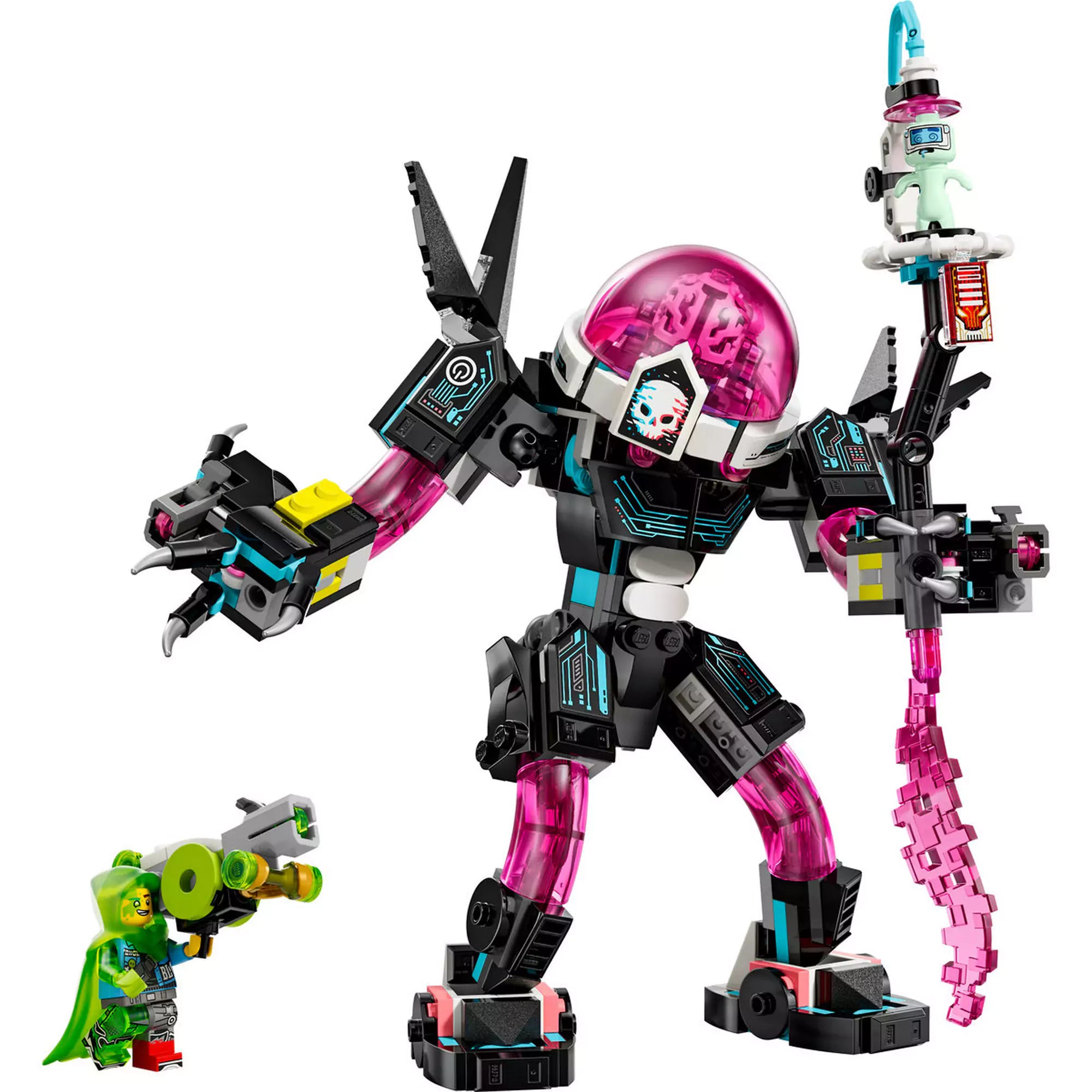 LEGO DREAMZzz: Mateo a kiberagyrobot ellen (71495) részletes robot közelkép, Mateo zöld köpenyes figurájával.