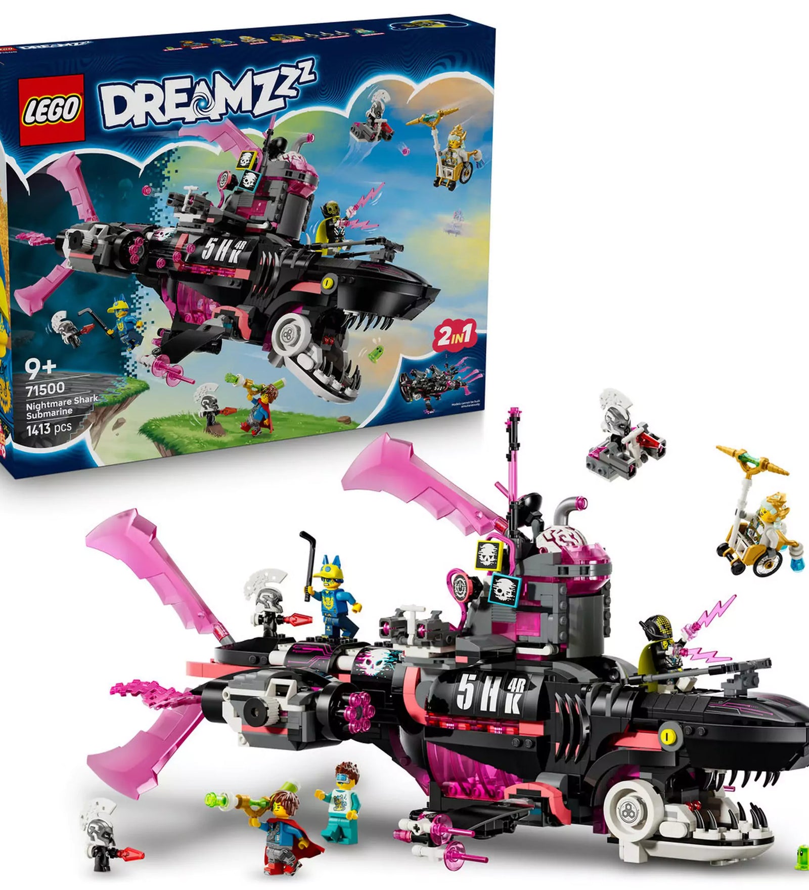 LEGO DREAMZzz Rémálom cápa-tengeralattjáró (71500) készlet – doboz és az épített cápa-modell minifigurákkal, 2 az 1-ben játékélménnyel.