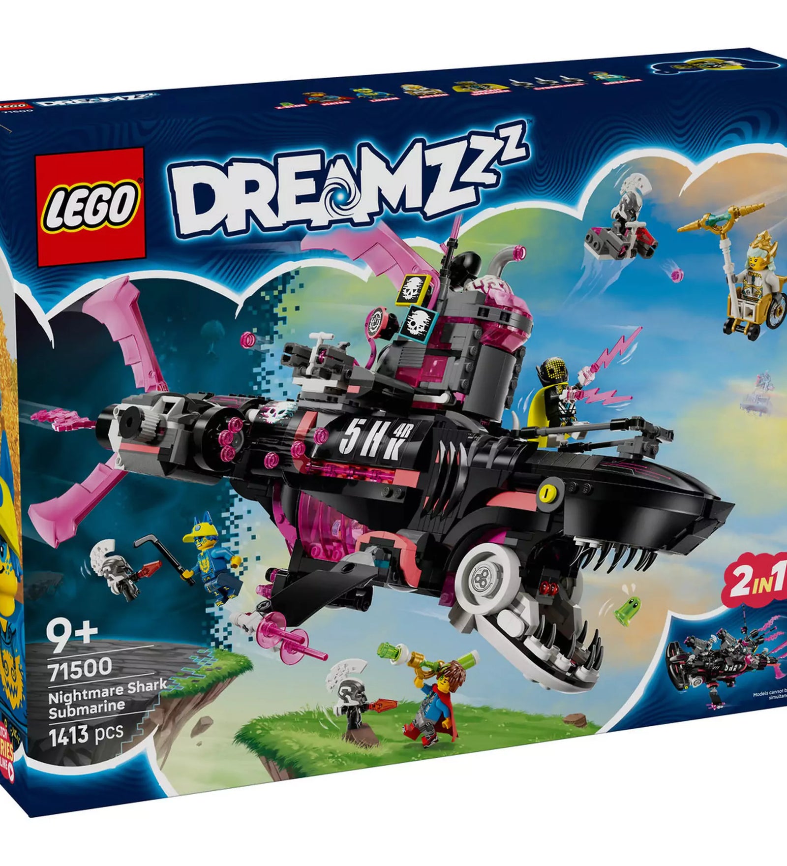 LEGO DREAMZzz Rémálom cápa-tengeralattjáró (71500) dobozkép – 1413 darabos, 9+ korosztálynak ajánlott építőkészlet, amely 2 az 1-ben építési lehetőséget kínál.