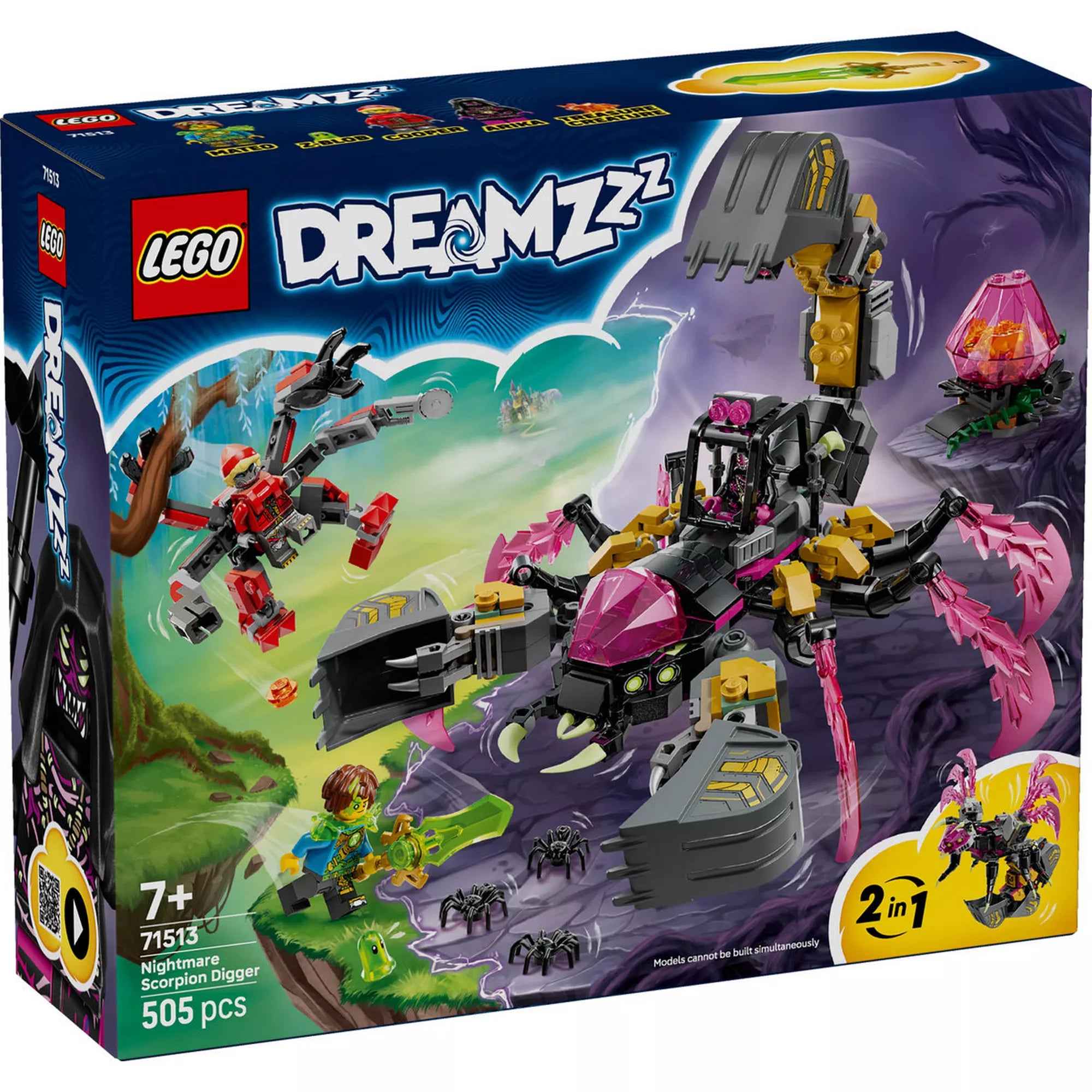 LEGO DREAMZzz Nightmare Scorpion Digger (71513) készlet doboza, az ásókarral felszerelt rémálom skorpióval, minifigurákkal és 2 az 1-ben építési lehetőséggel.