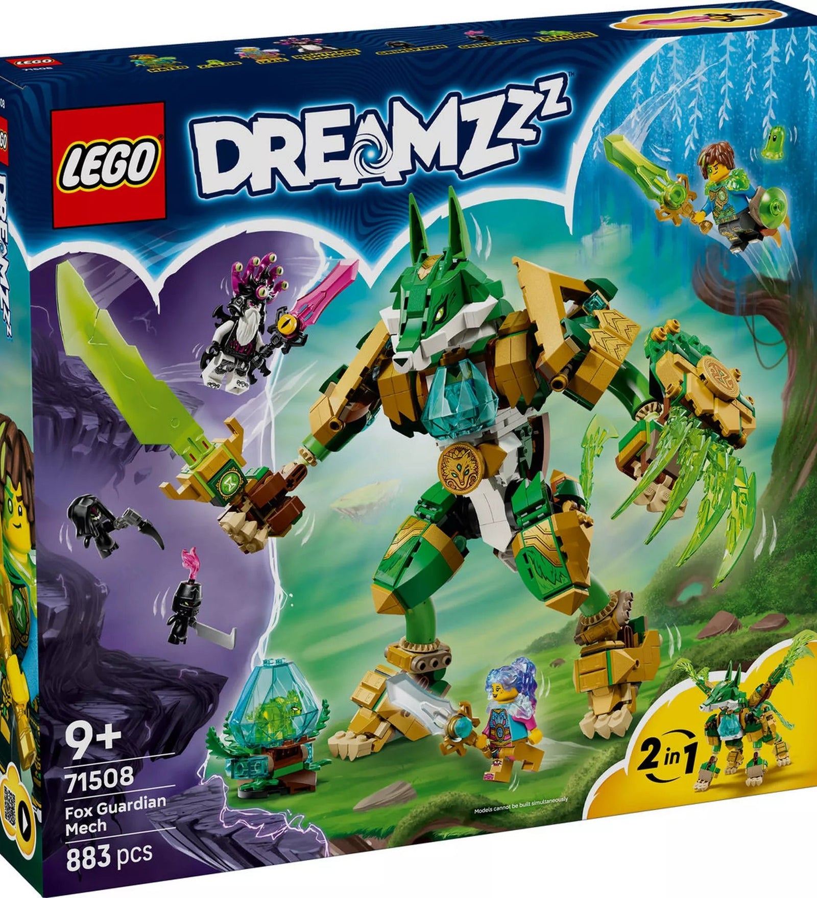 LEGO DREAMZzz 71508 Fox Guardian Mech készlet dobozképe, zöld-arany rókaőrző mecha figurával, fénykarddal, minifigurákkal és 2 az 1-ben építési lehetőséggel