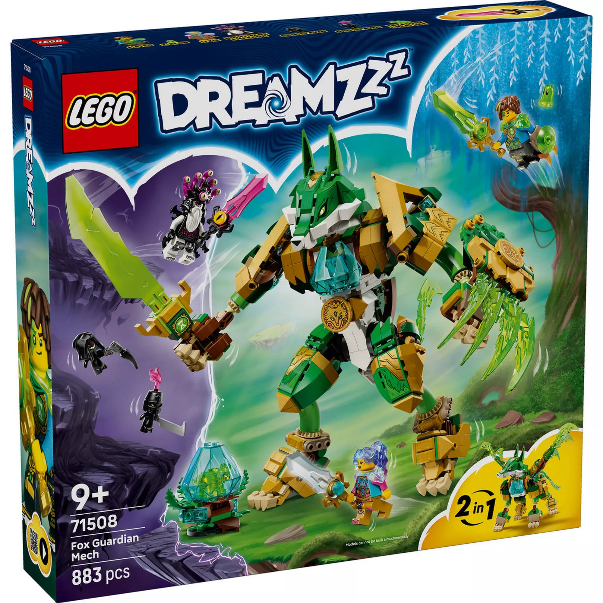 LEGO DREAMZzz 71508 Fox Guardian Mech készlet dobozképe, zöld-arany rókaőrző mecha figurával, fénykarddal, minifigurákkal és 2 az 1-ben építési lehetőséggel