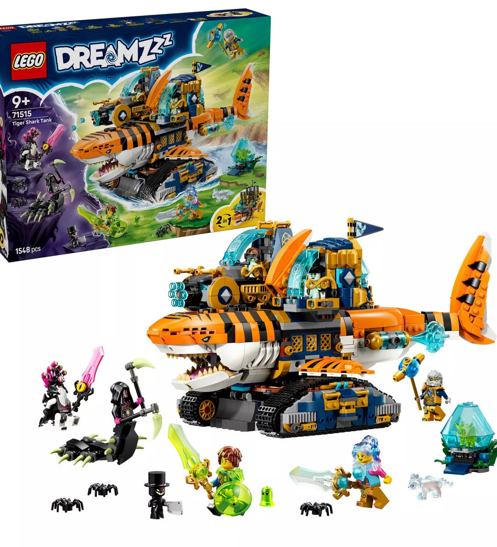 LEGO DREAMZzz Tigriscápatank (71515) készlet fehér háttéren, a cápatankkal, minifigurákkal, kincslényekkel és kiegészítő elemekkel.
