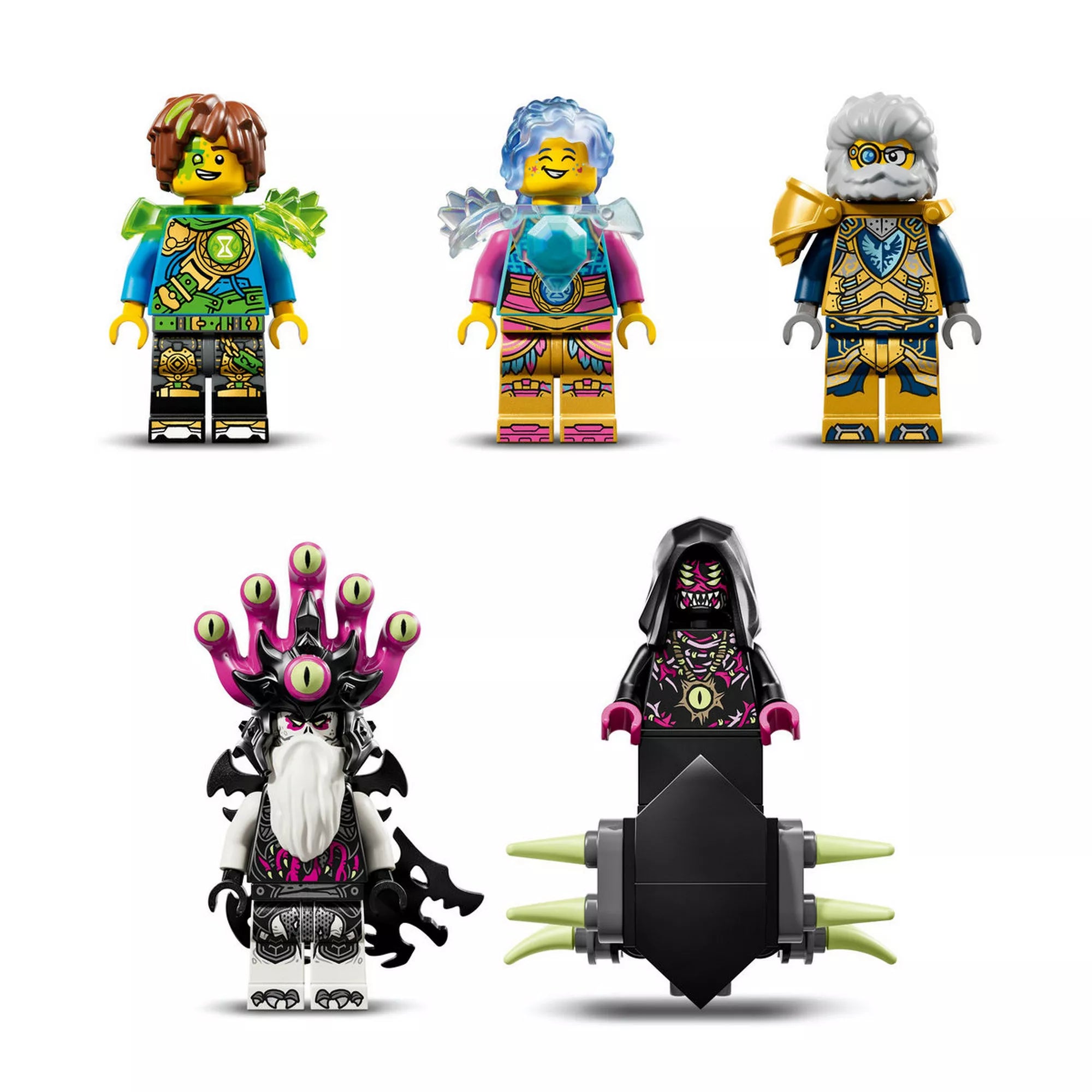 A LEGO DREAMZzz Tigriscápatank készlet minifigurái és ellenfelei, köztük Mateo, Izzie, Mr. Oz, az Éjcsászár és különféle rémálomlények.