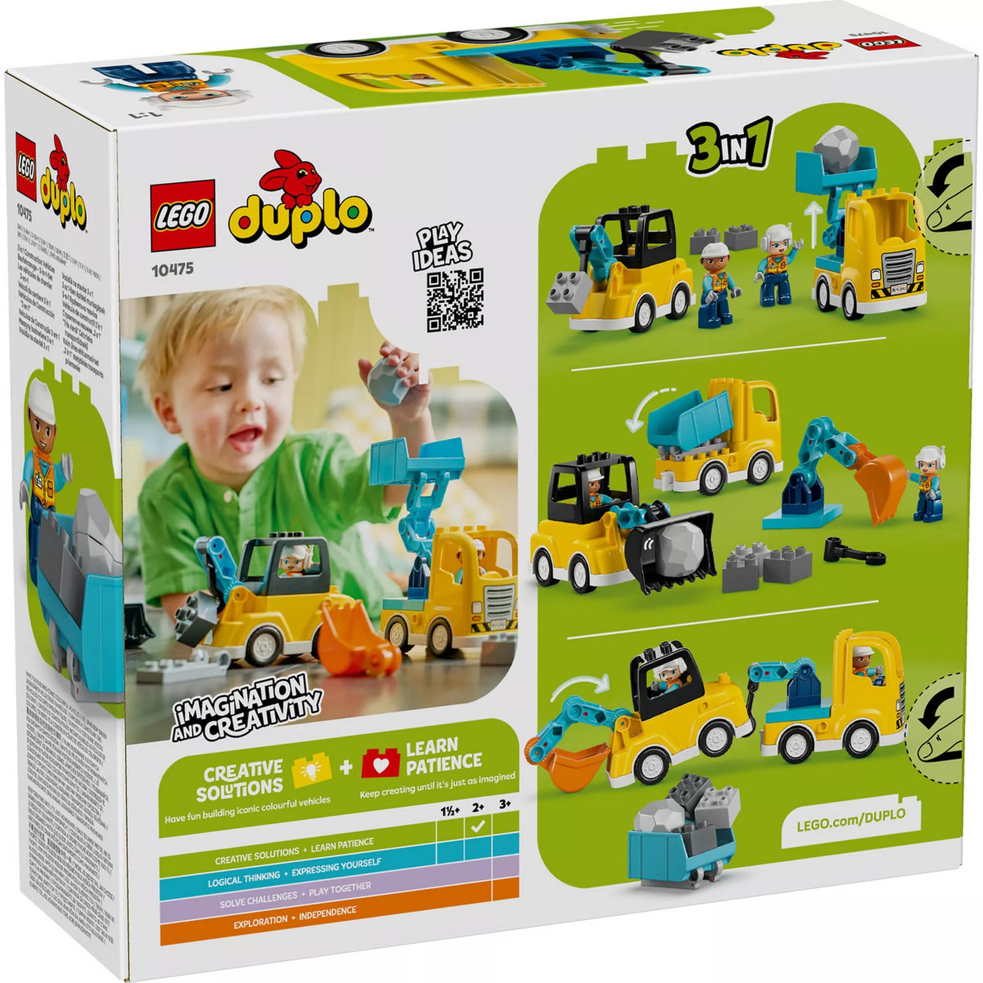 LEGO DUPLO 10475 építőipari járművek doboz hátoldala, amely bemutatja a 3 az 1-ben építési lehetőségeket, a különböző járműkombinációkat és a kreatív játékötleteket.