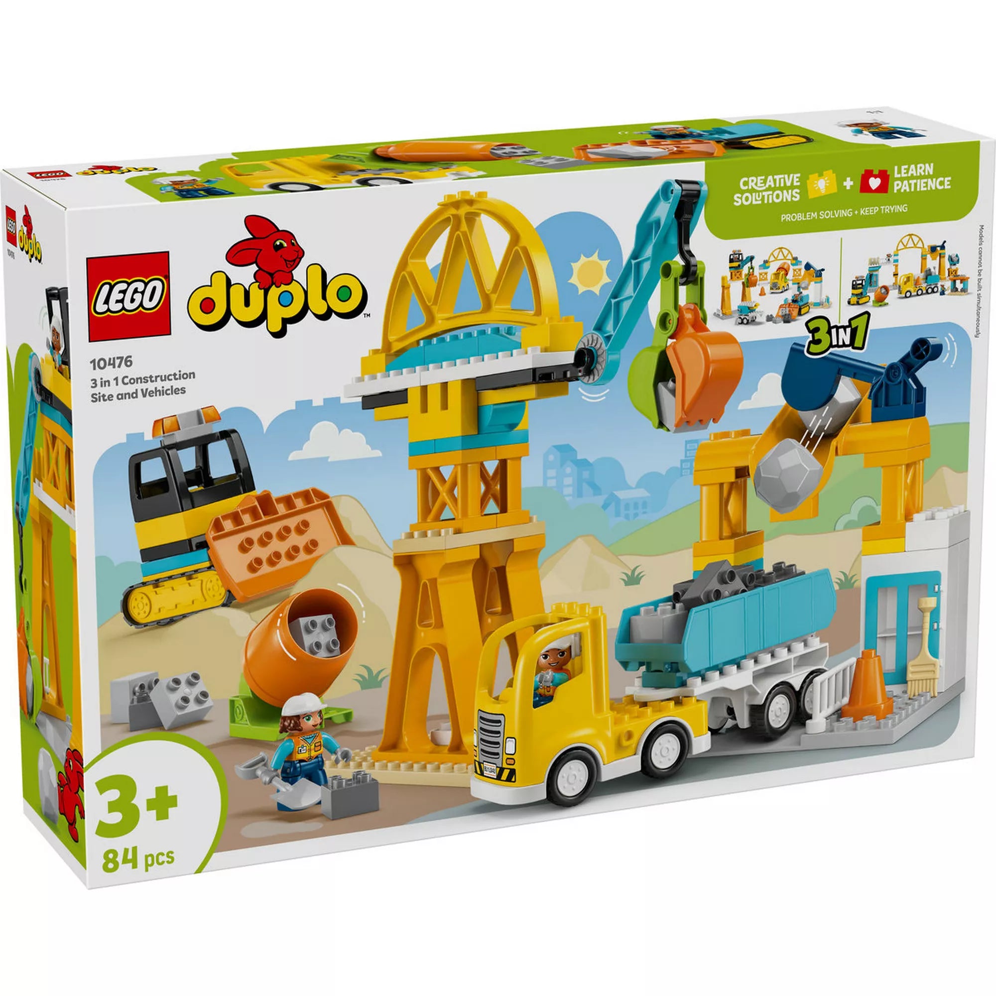 LEGO DUPLO Városom Építési terület és építőipari járművek 3 az 1-ben (10476) készlet dobozának előlapja, daruval, billenőplatós teherautóval, betonkeverővel és munkásfigurákkal.