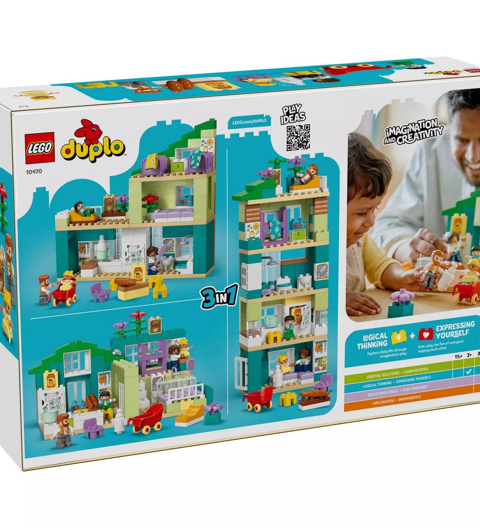LEGO® DUPLO® Modern családi ház 3 az 1-ben (10470) doboz hátoldala, három különböző házvariációval, játékötletekkel és fejlesztési előnyök bemutatásával