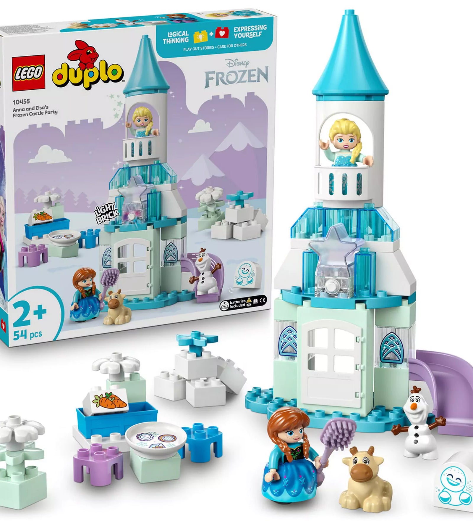 LEGO Duplo: Anna és Elza jégkastély partija (10455) doboz és kastélymodell együtt, a karakterekkel és interaktív játékelemekkel.