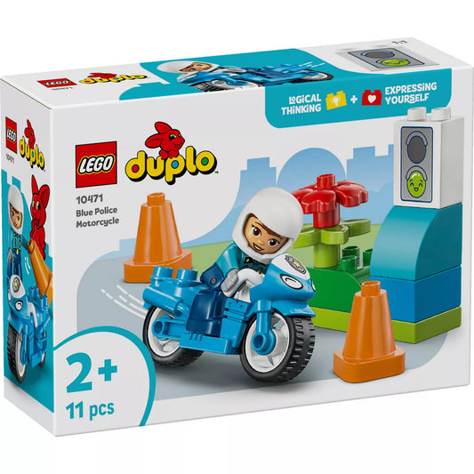 Kék rendőrségi motorkerékpár (10471) – A készlet dobozképe rendőrfigurával, kék motorkerékpárral és közlekedési elemekkel.