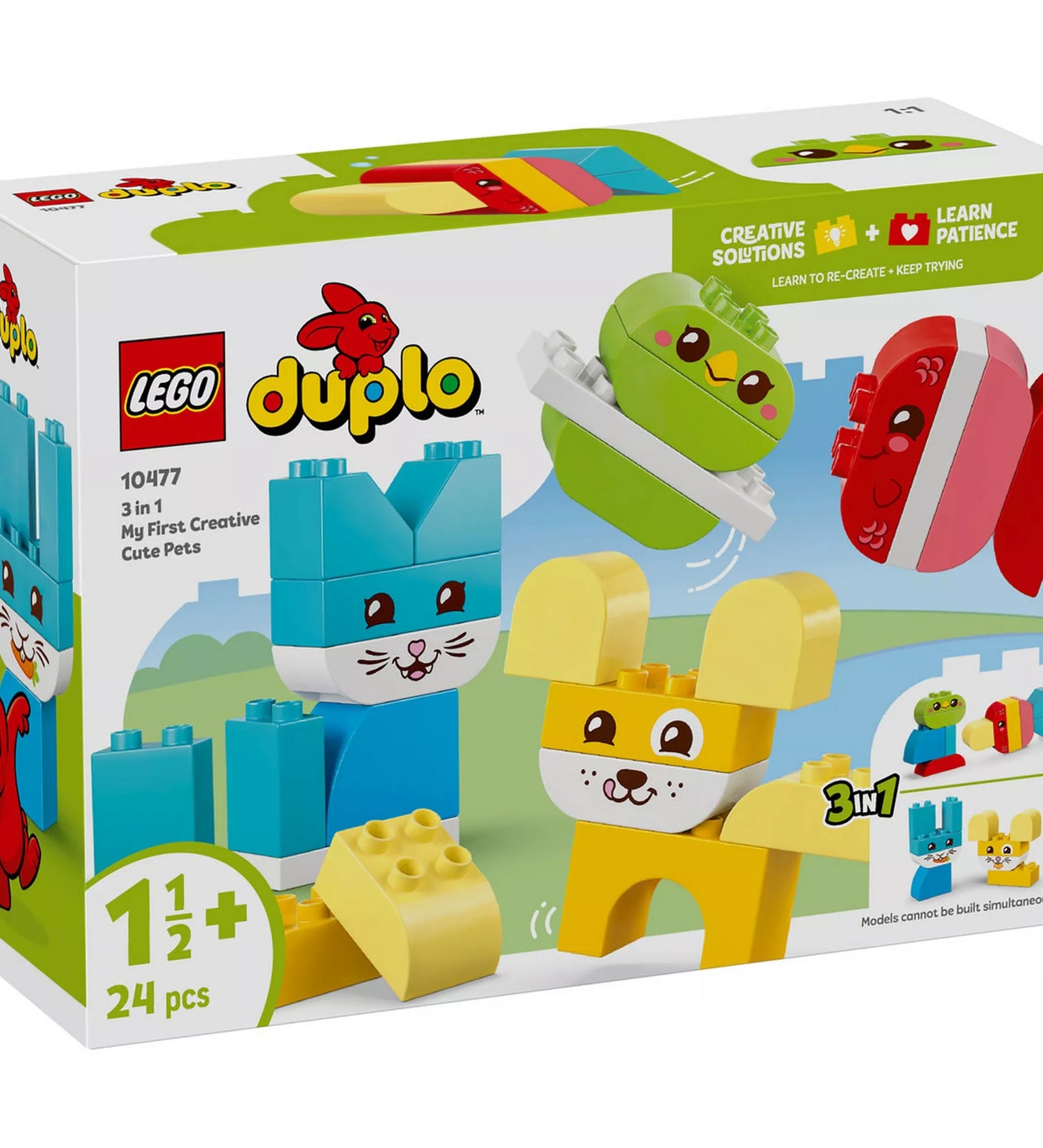 LEGO DUPLO Első kreatív háziállataim 3 az 1-ben (10477) készlet dobozának eleje, megépíthető kutya, macska, madár és hal állatfigurákkal, 1,5 éves kortól.