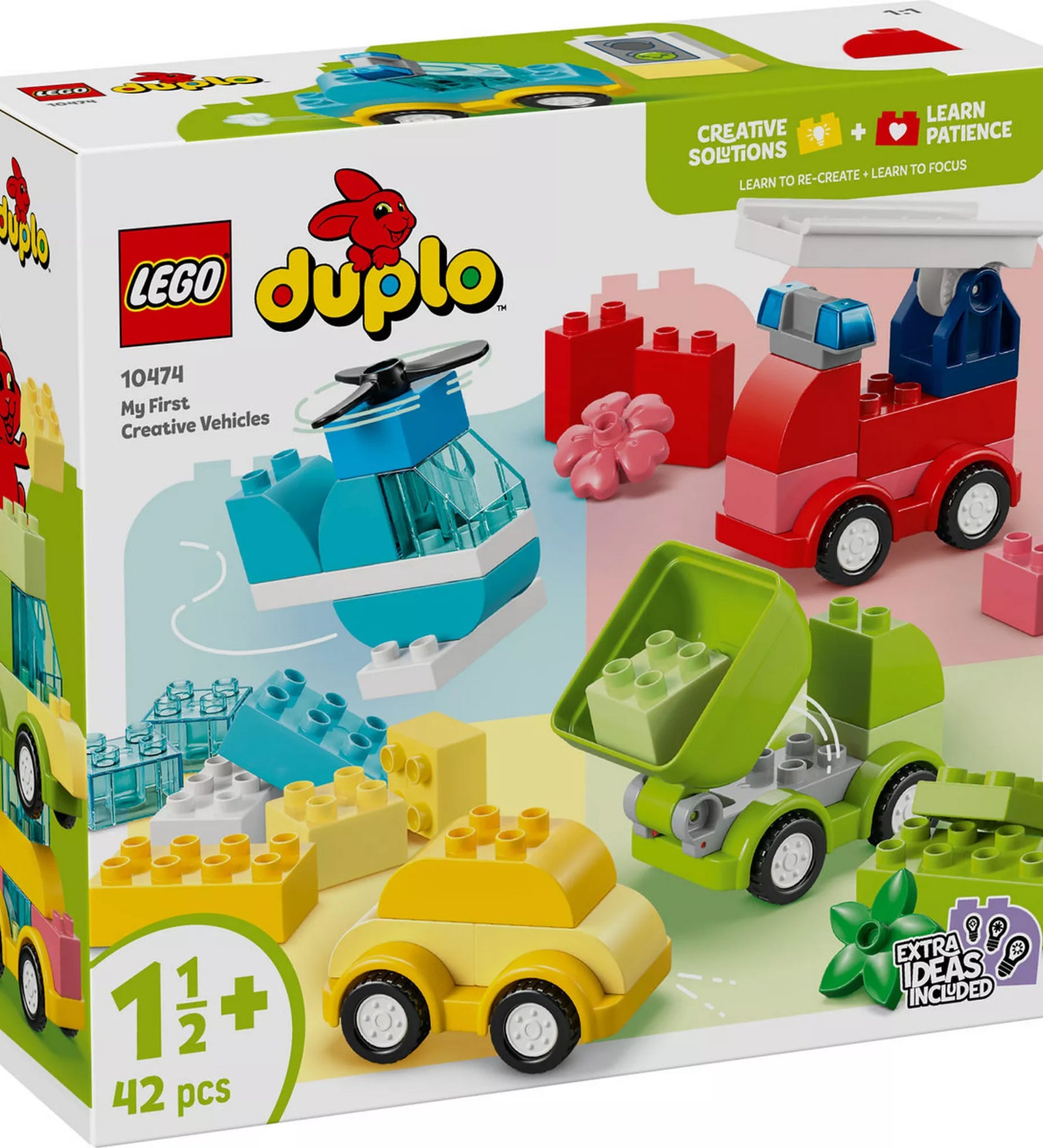 LEGO DUPLO Kreatív járművek (10474) 42 darabos készlet doboza elölnézetből, színes autókkal, helikopterrel és billenős teherautóval, kisgyermekeknek tervezett kreatív építőjátékkal.