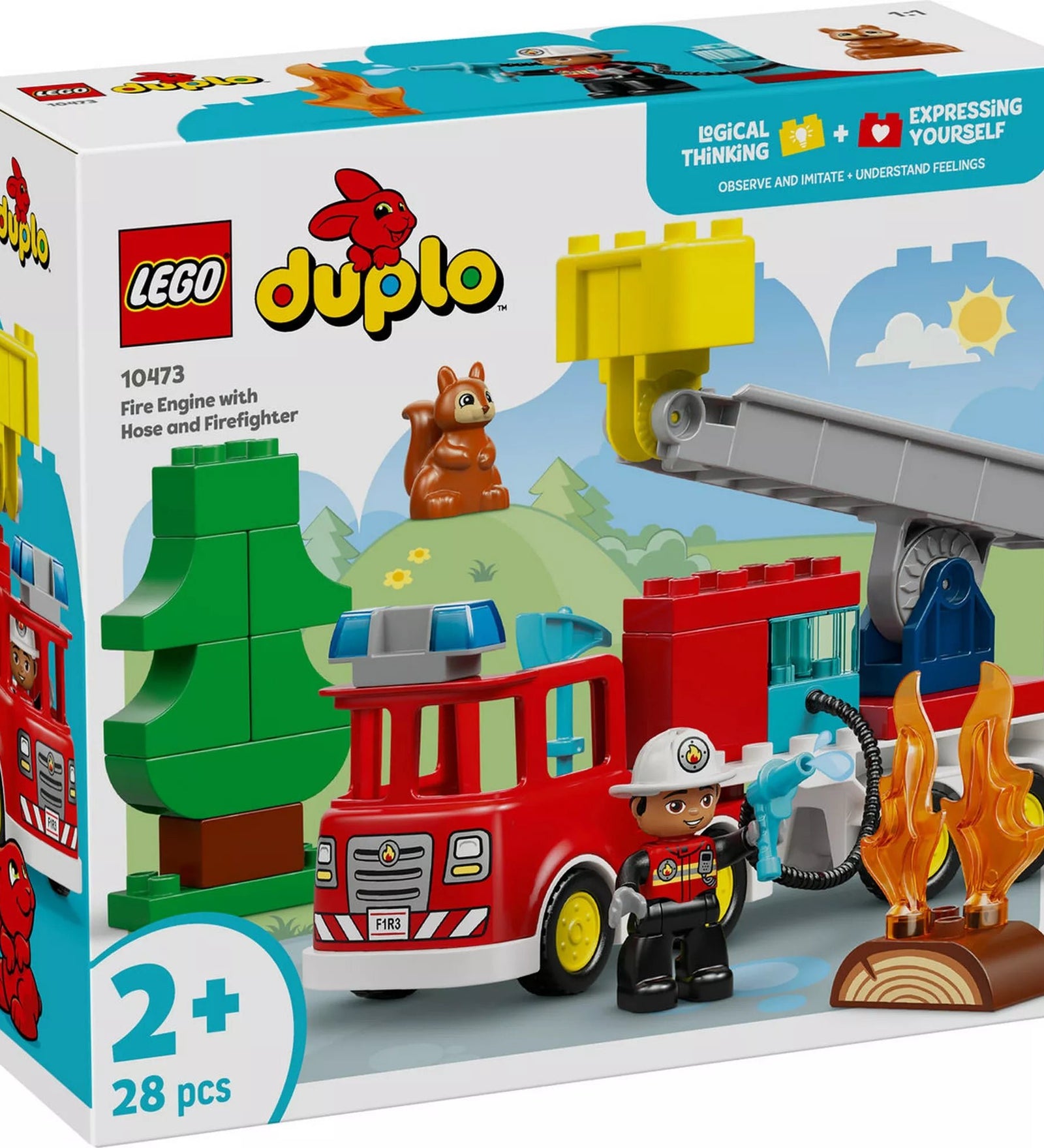 LEGO DUPLO 10473 Tűzoltóautó tömlővel és tűzoltóval készlet dobozképe, piros tűzoltóautóval, kihúzható létrával, tűzoltó figurával, lángoló fahasábbal és mókus figurával, 2 éves kortól.