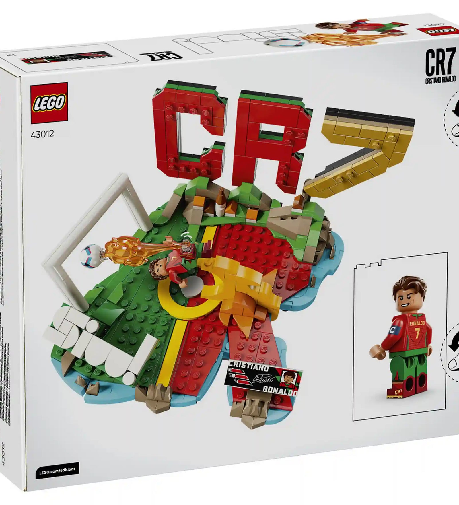 LEGO Cristiano Ronaldo készlet doboz hátoldal, teljes modell, CR7 betűk és minifigura részletek