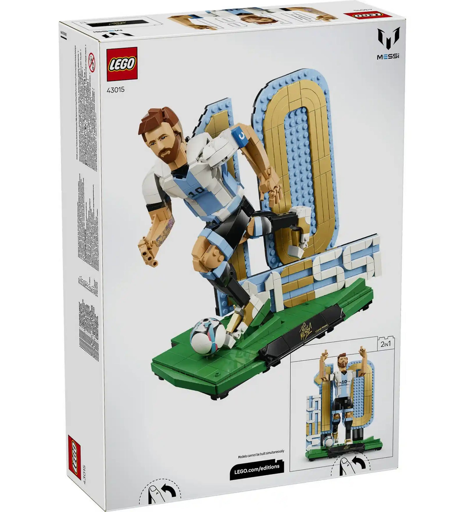 LEGO Lionel Messi – Futball-legenda (43015) hátoldali dobozkép, amely bemutatja a készlet alternatív futópózos építési lehetőségét és a 2 az 1-ben kialakítást.